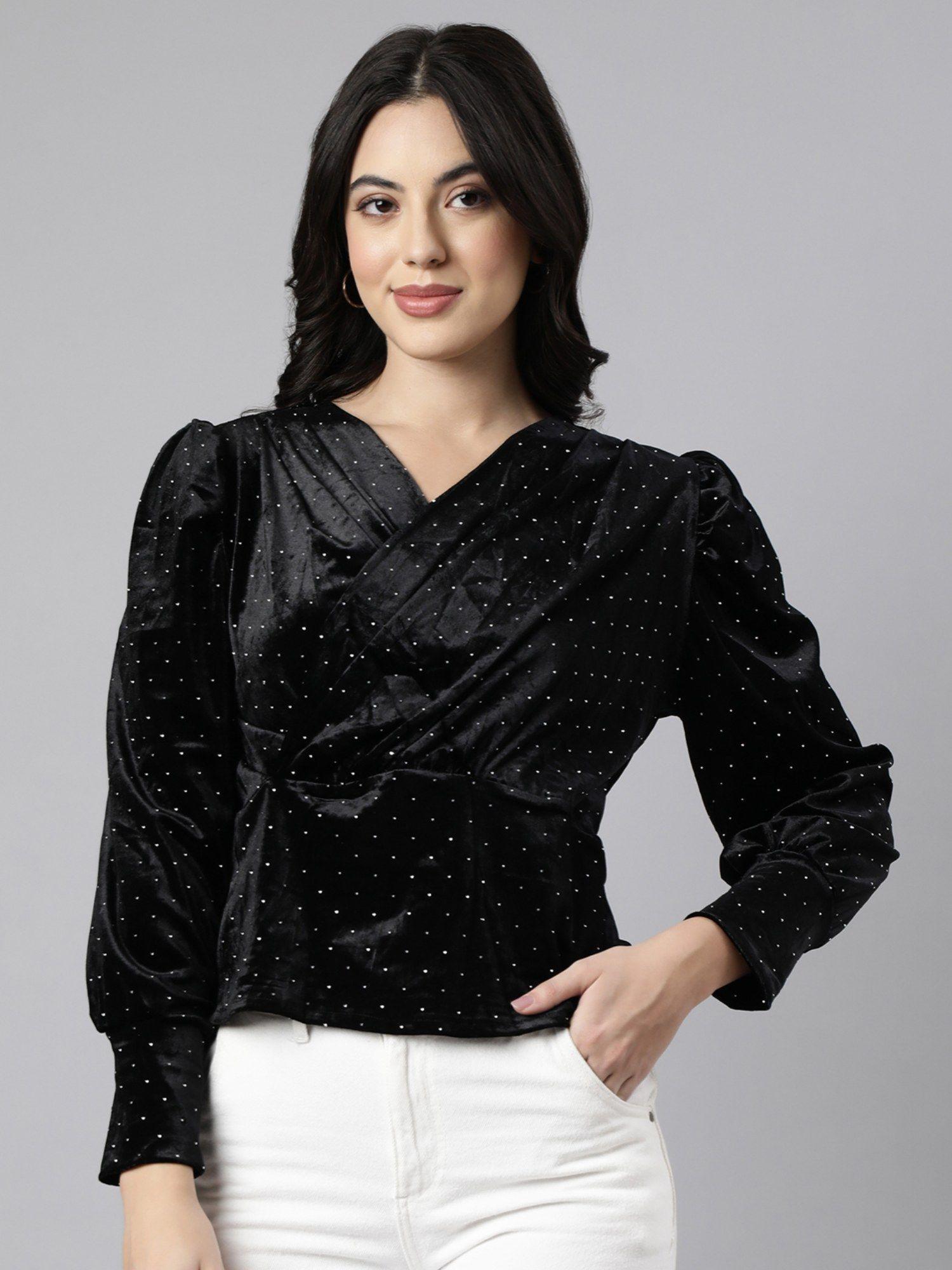 women's v-neck embellished black empire top