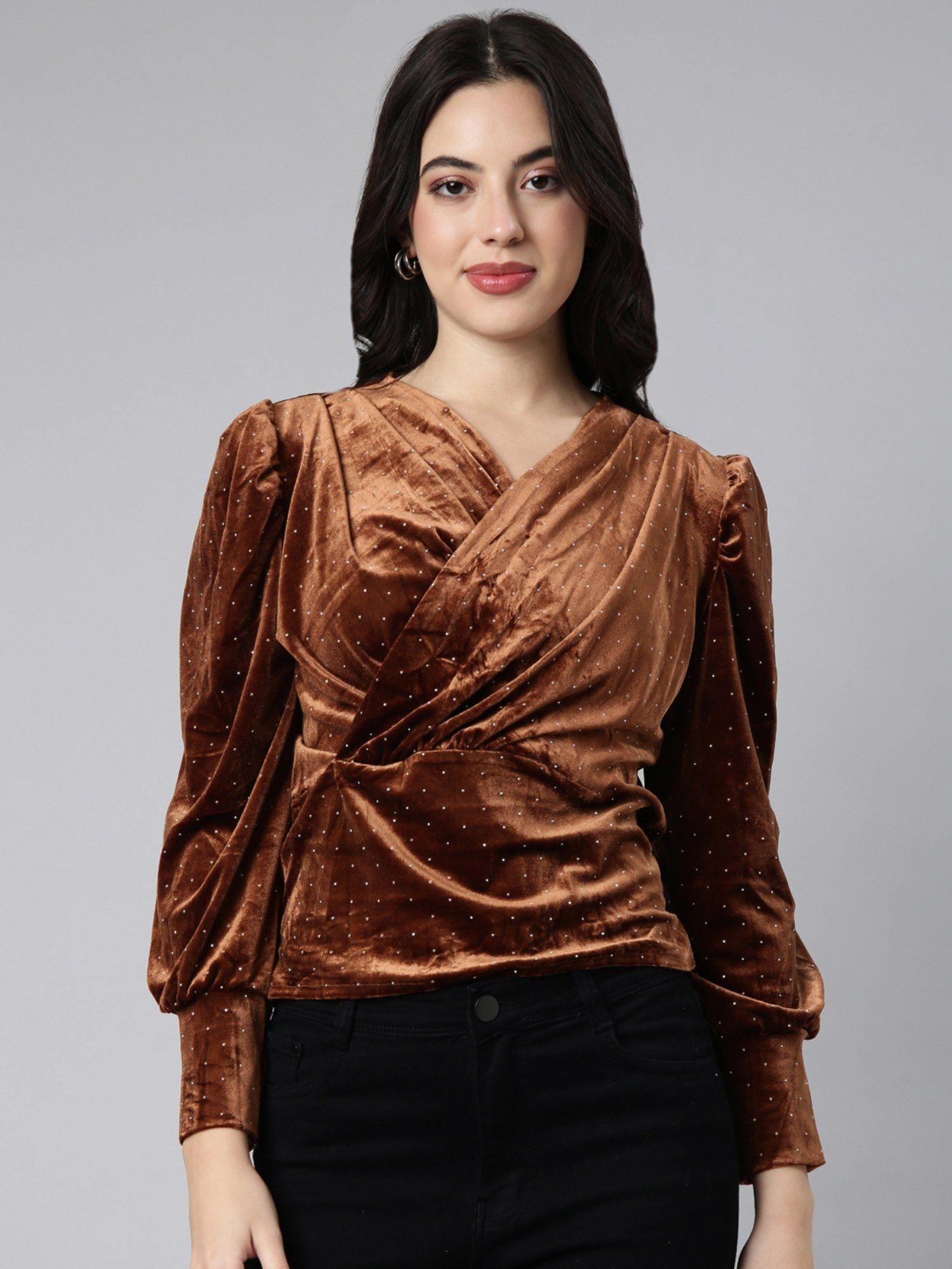 women's v-neck embellished brown empire top