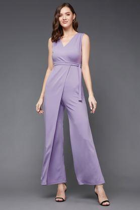 women's v-neck sleeveless solid wrap regular length jumpsuit - lavender