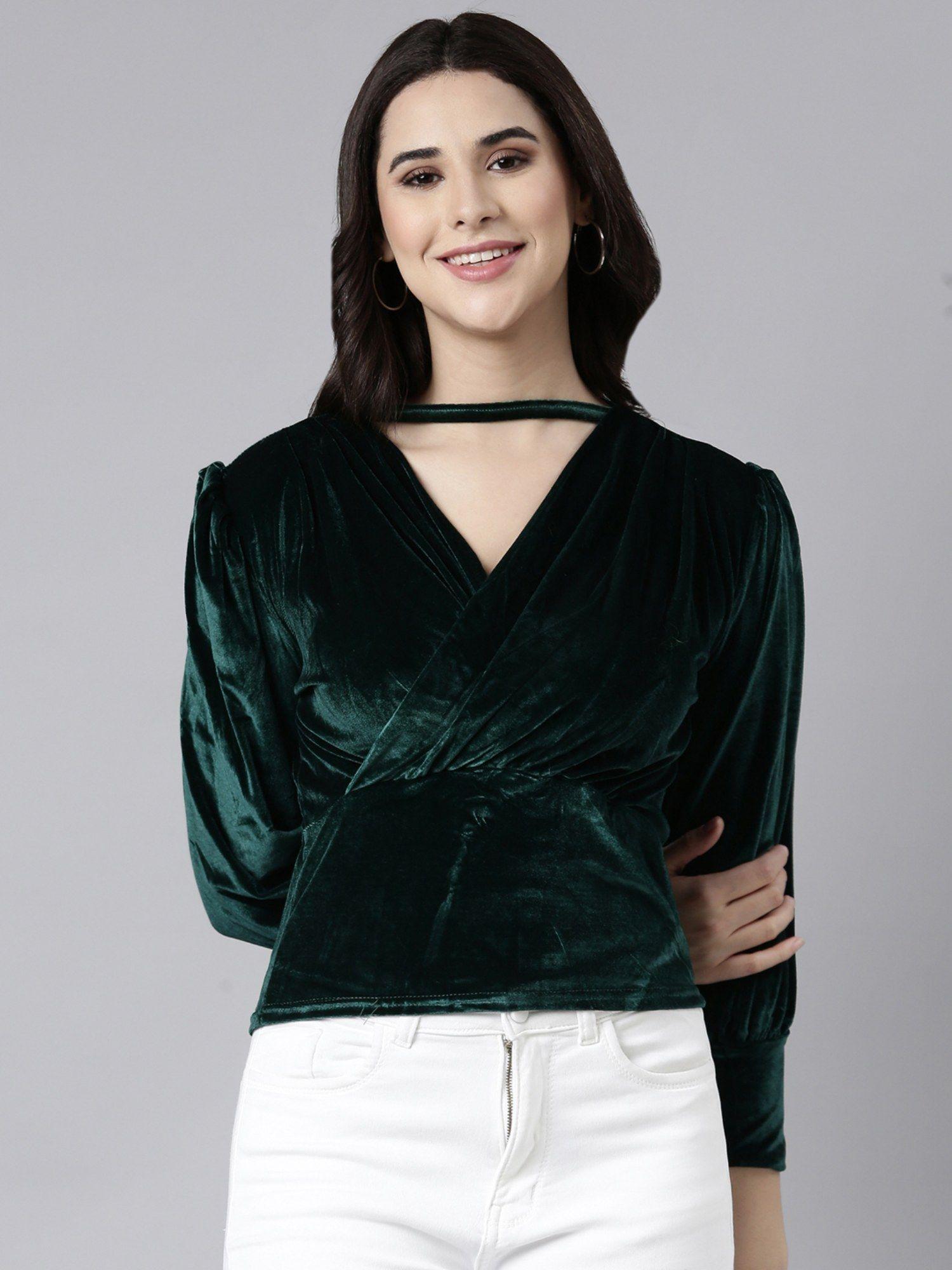 women's v-neck solid green empire top