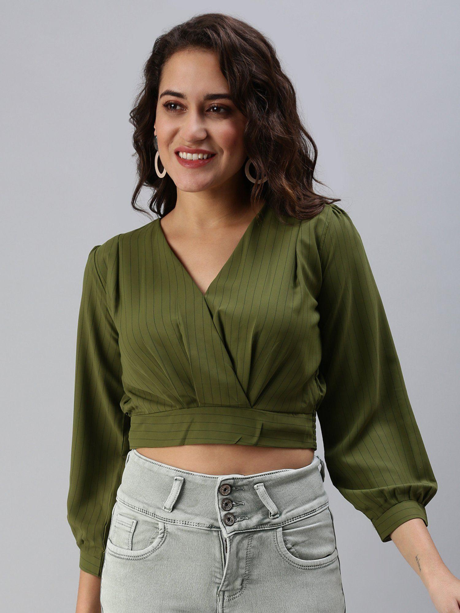 women's vertical stripes cinched waist olive v-neck top