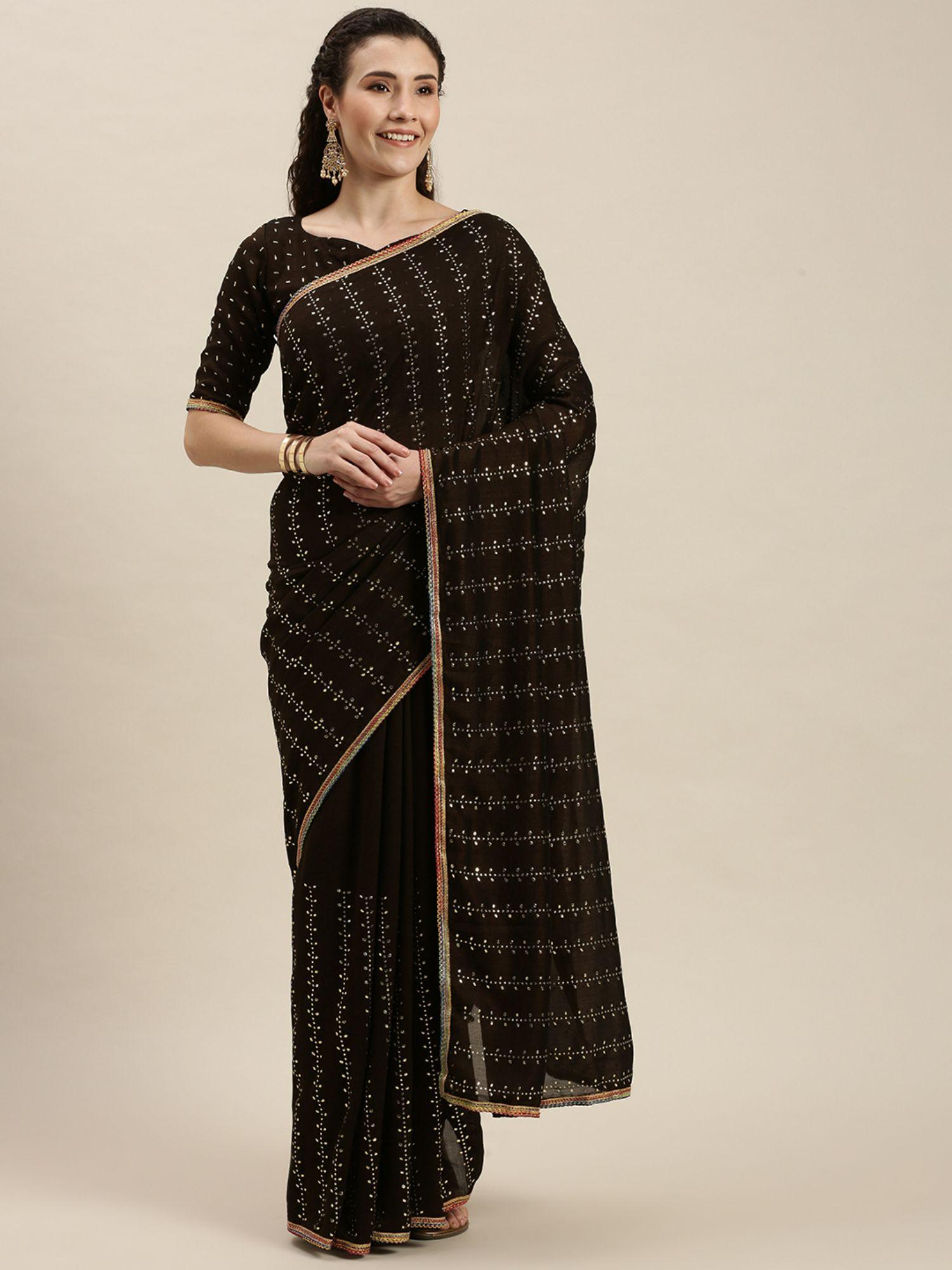 women's vichitra silk gold printed brown saree with unstitched blouse