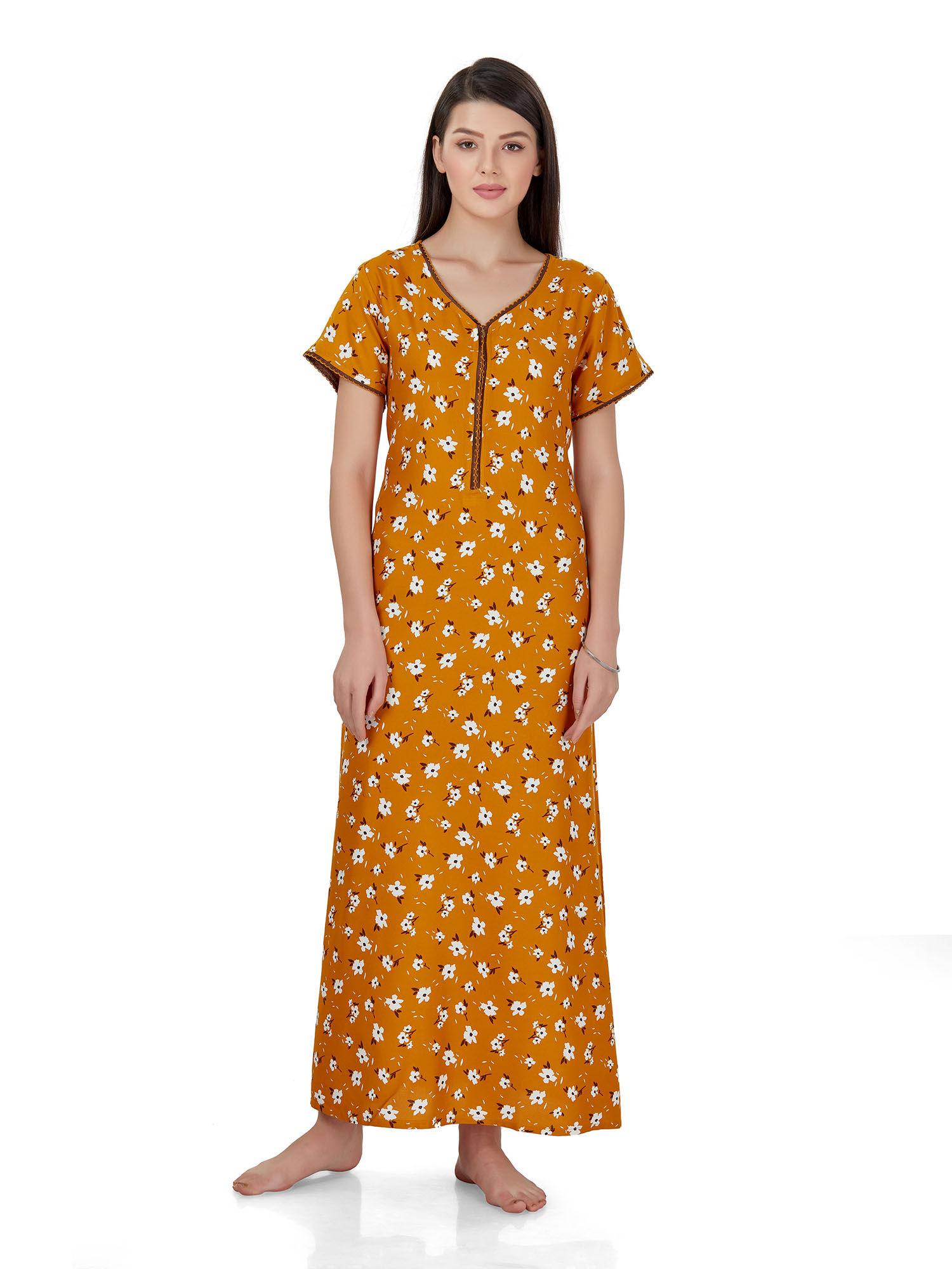 women's viscose liva long maxi nightdress with pocket mustard