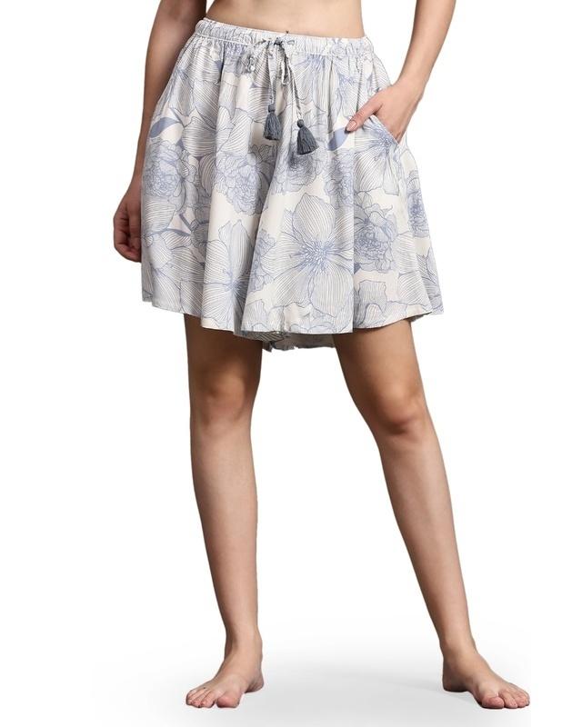 women's white & blue floral printed loose comfort fit skorts