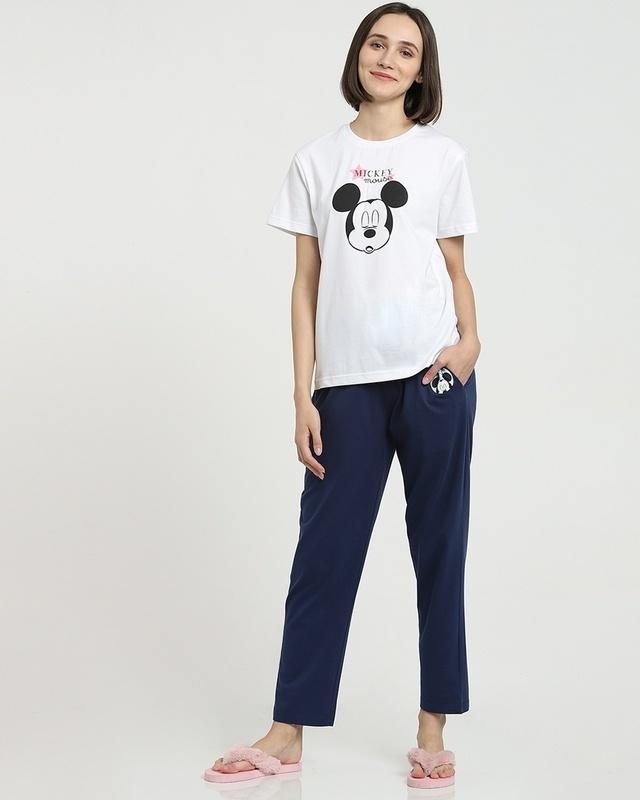 women's white & blue mickey printed lounge t-shirt & pyjama set