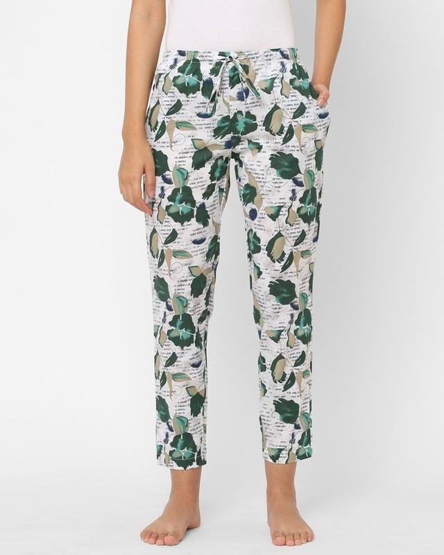 women's white & green all over leaves printed cotton lounge pants