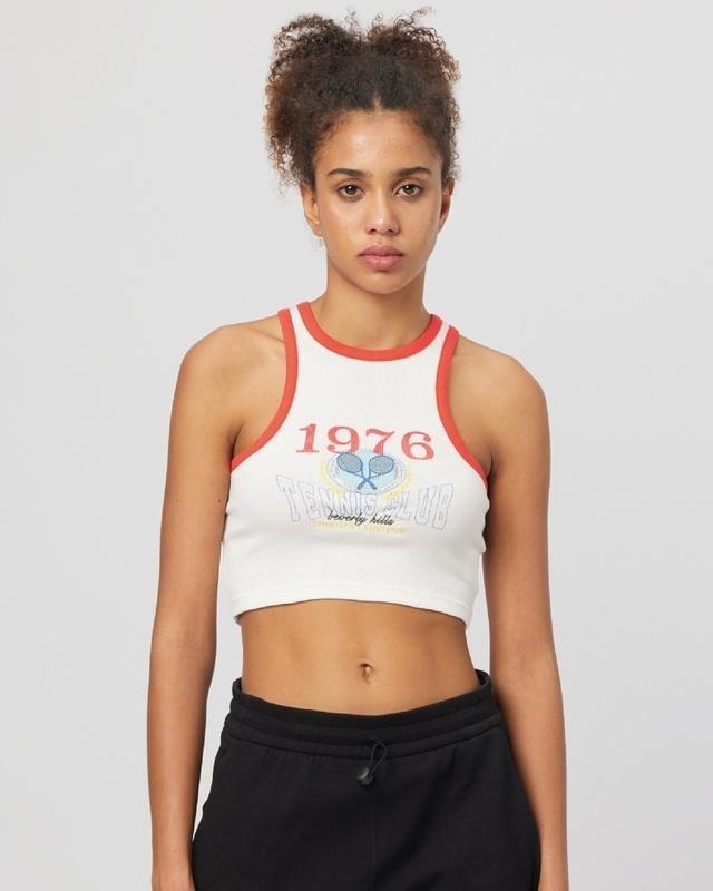 women's white 1976 tennis club printed crop tank top