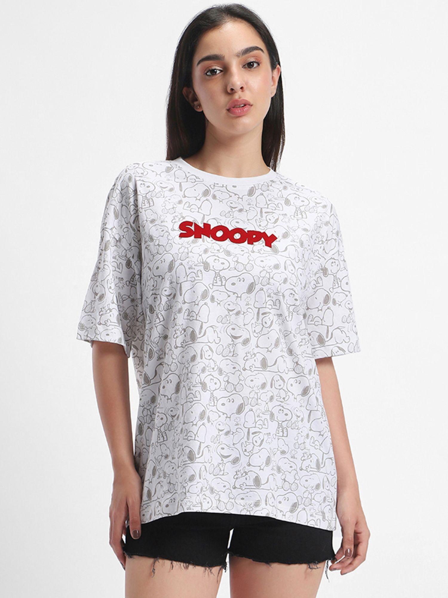 women's white all over snoopy printed oversized t-shirt