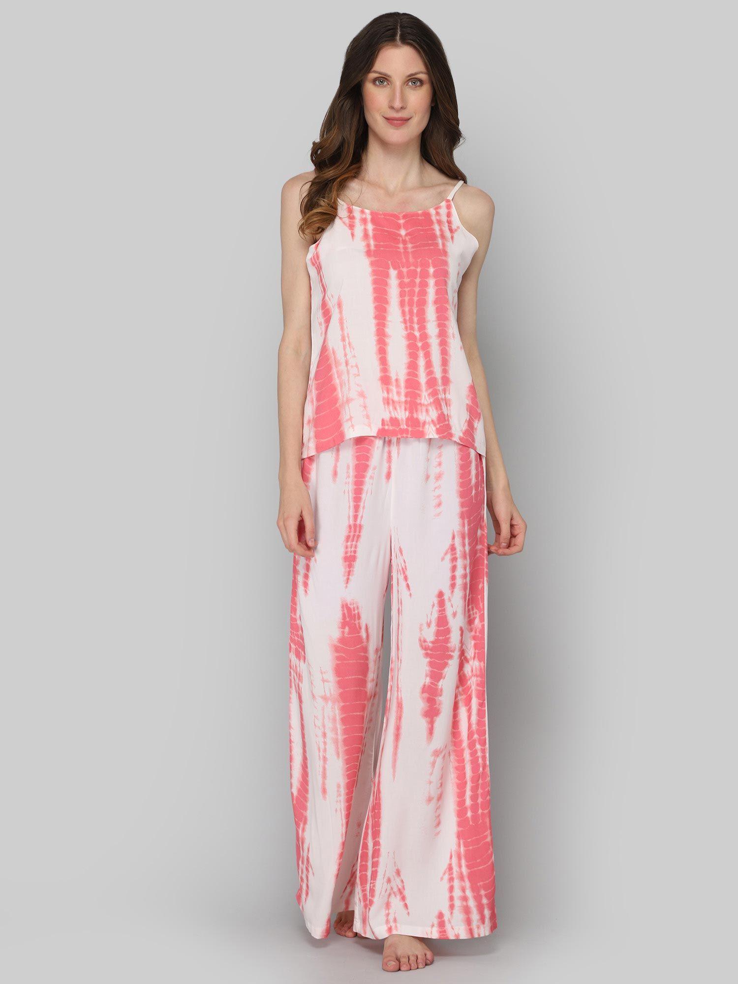 women's white and pink tie dye print night suit (set of 2)