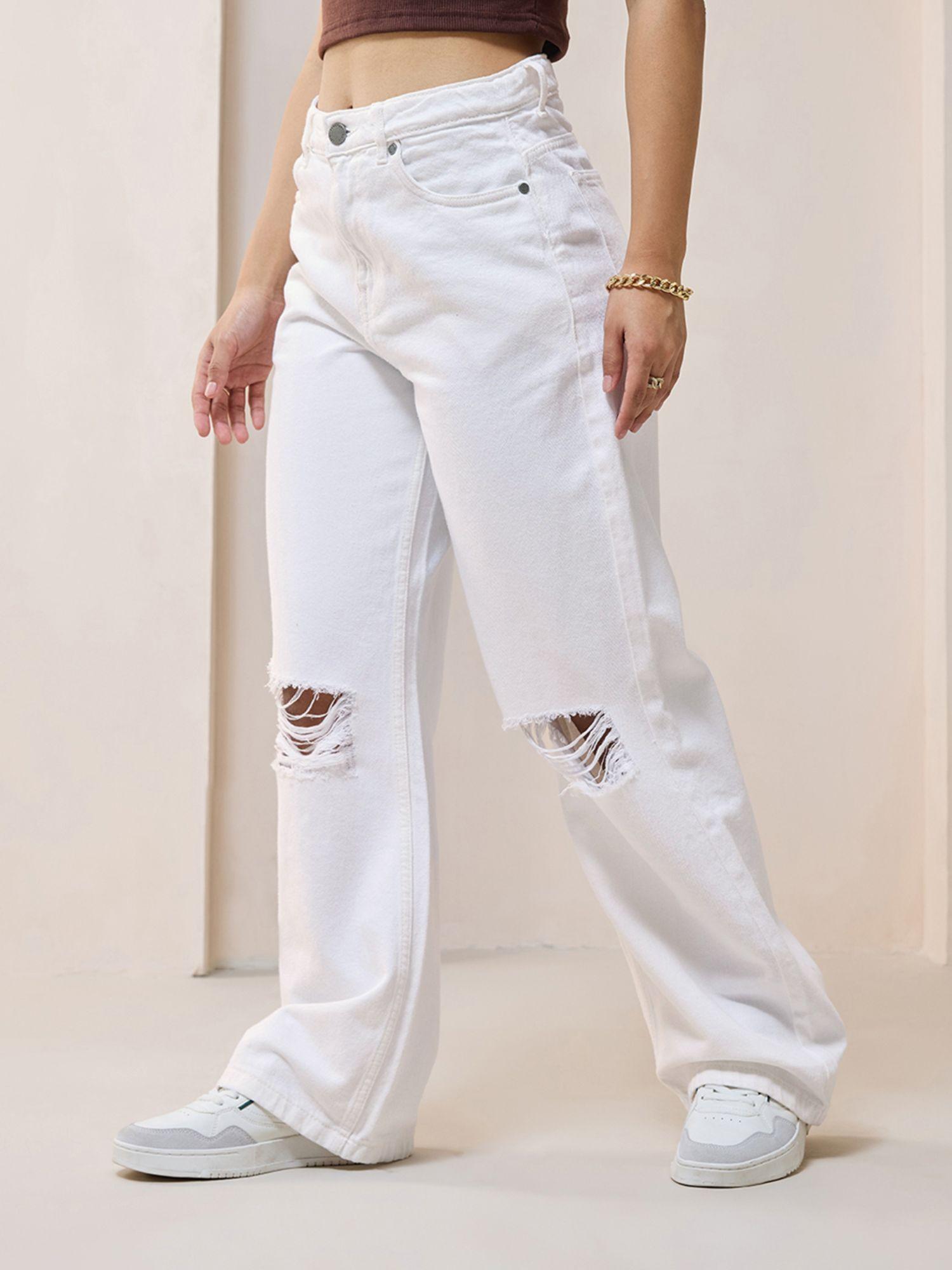 women's white baggy distressed wide leg jeans