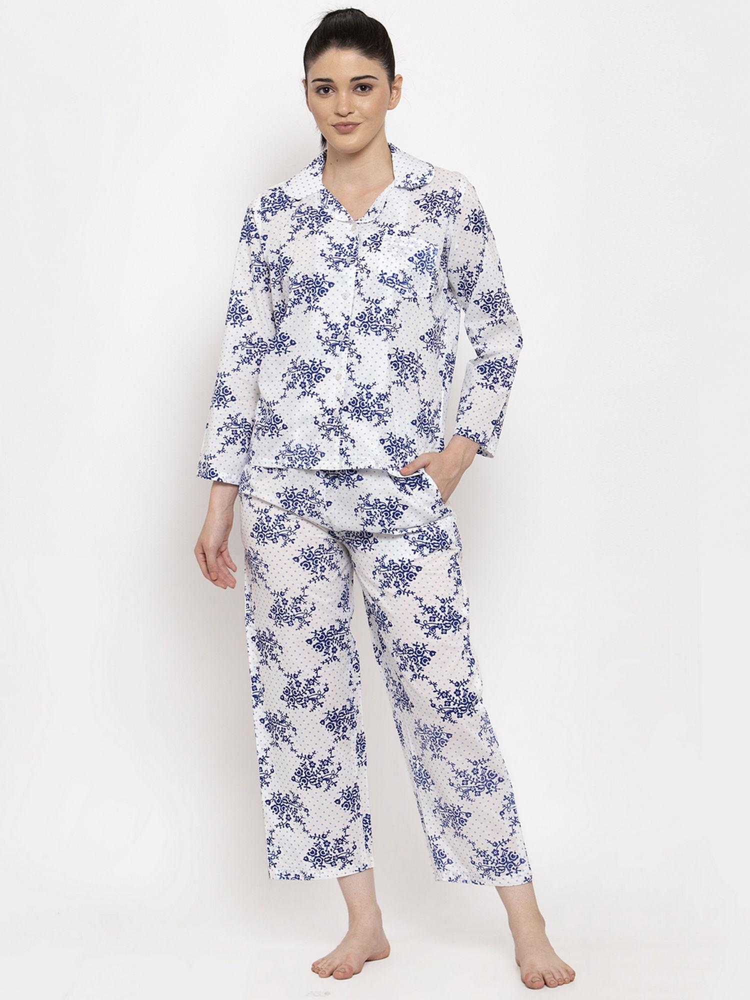 women's white-blue cotton floral print nightsuit