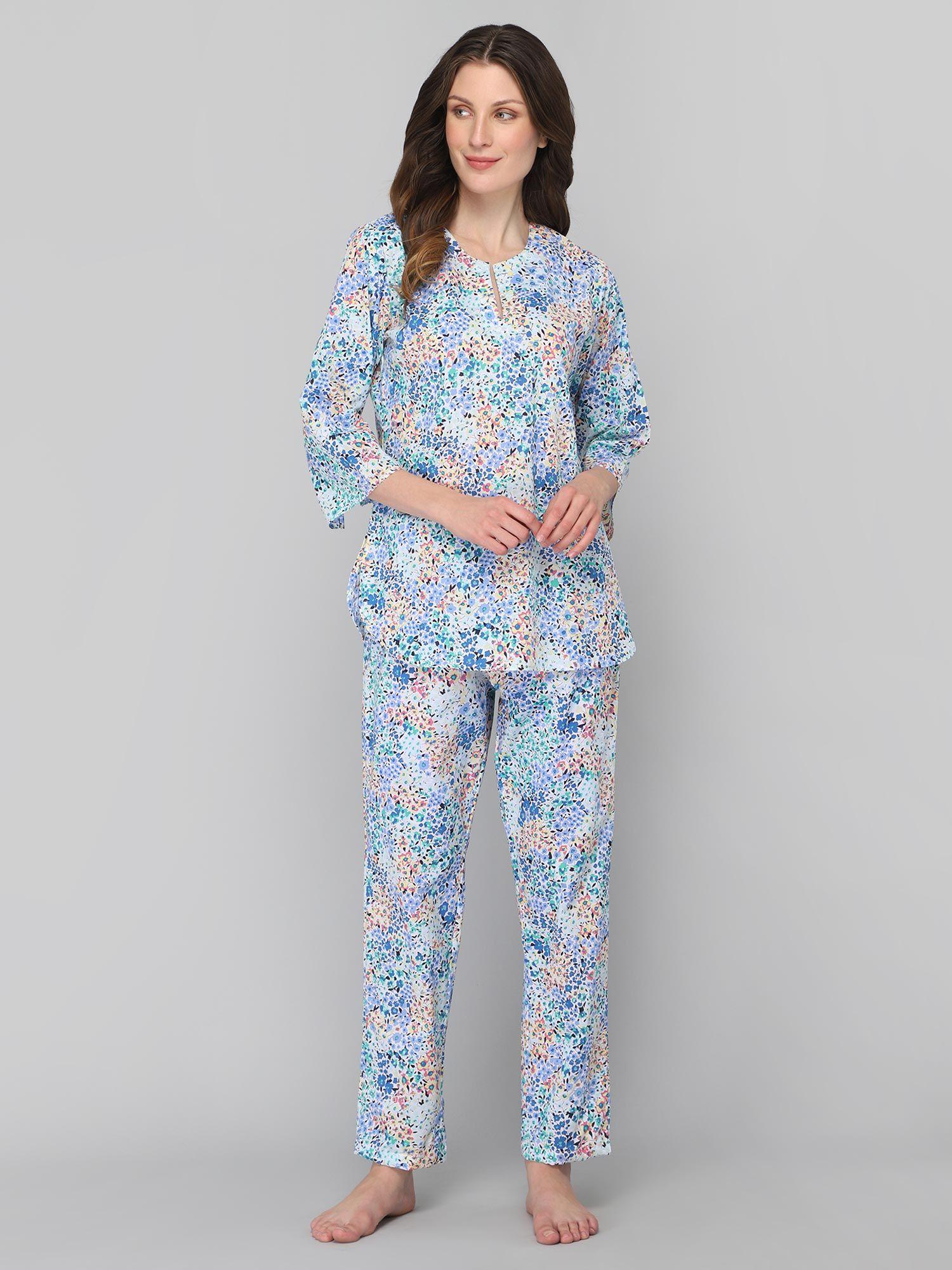 women's white blue floral print night suit (set of 2)