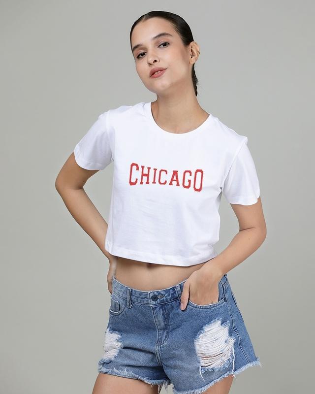 women's white chicago typography short top
