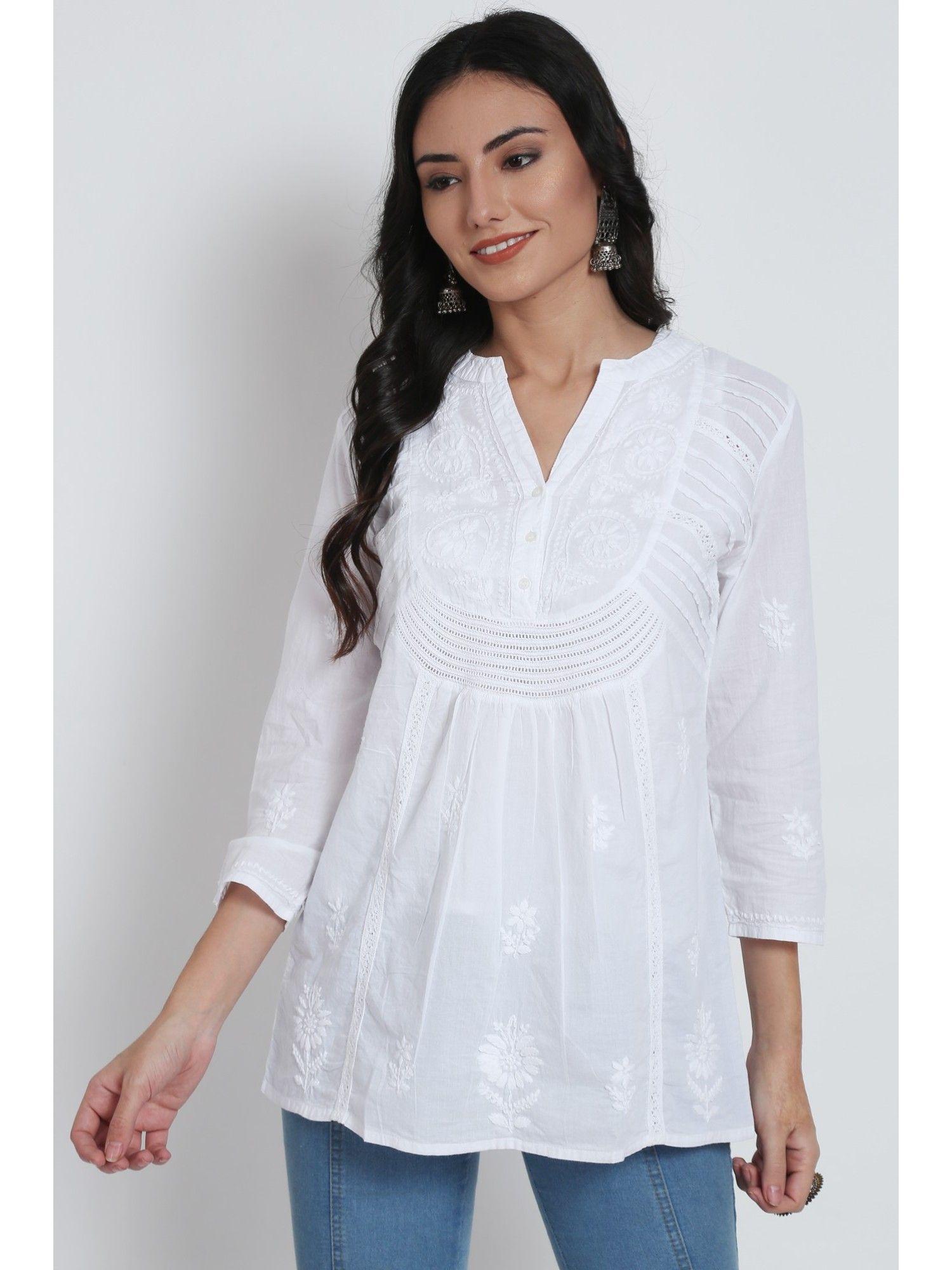 women's white ethnic motifs embroidered chikankari cotton tunic
