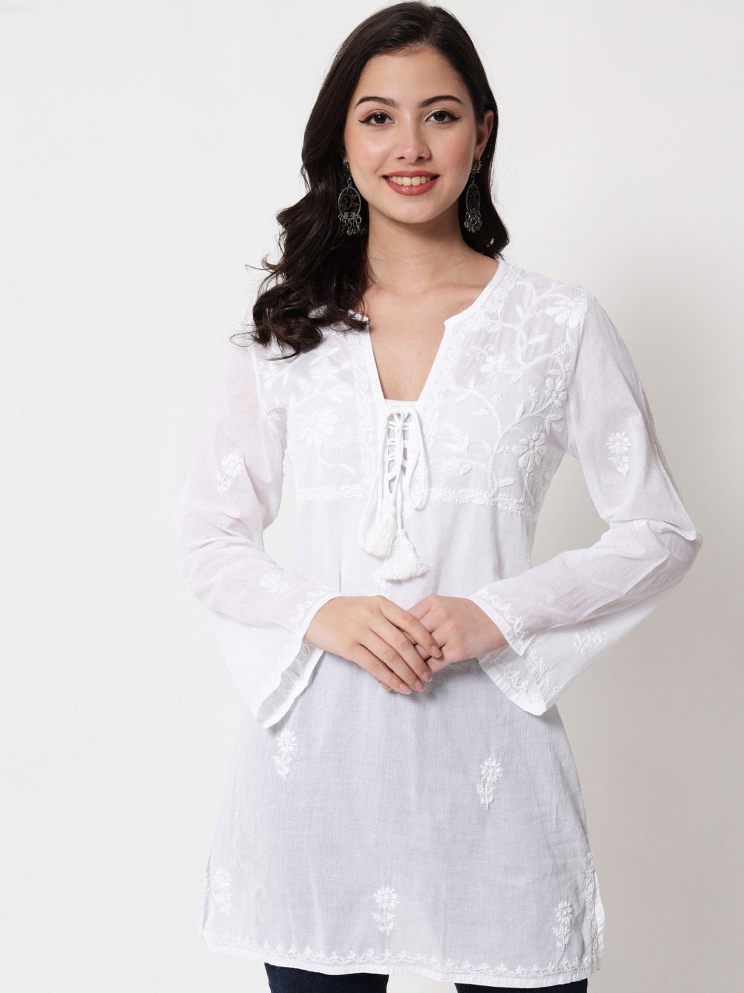 women's white ethnic motifs hand embroidered chikankari cotton tunic