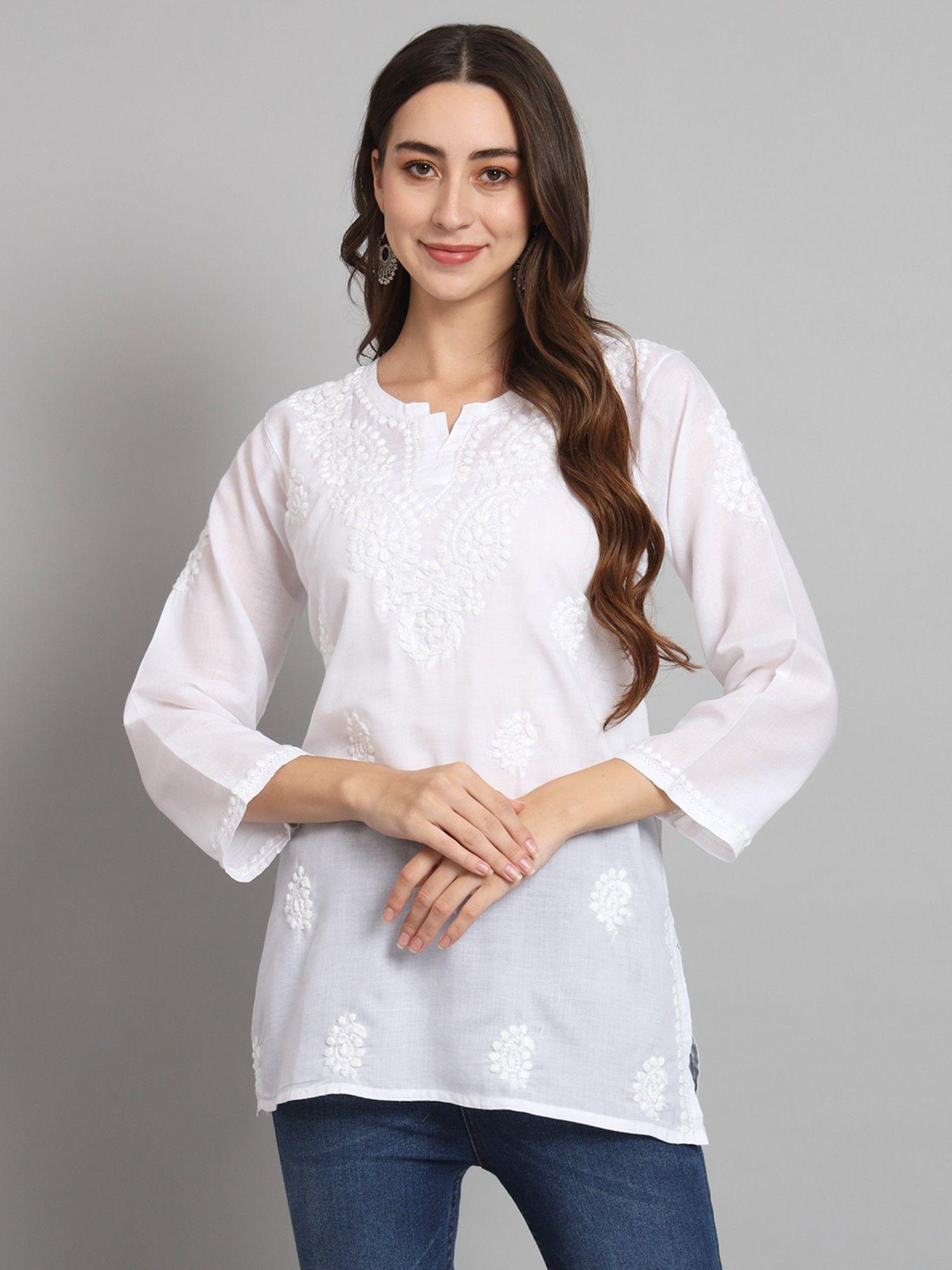 women's white ethnic motifs hand embroidered chikankari cotton tunic