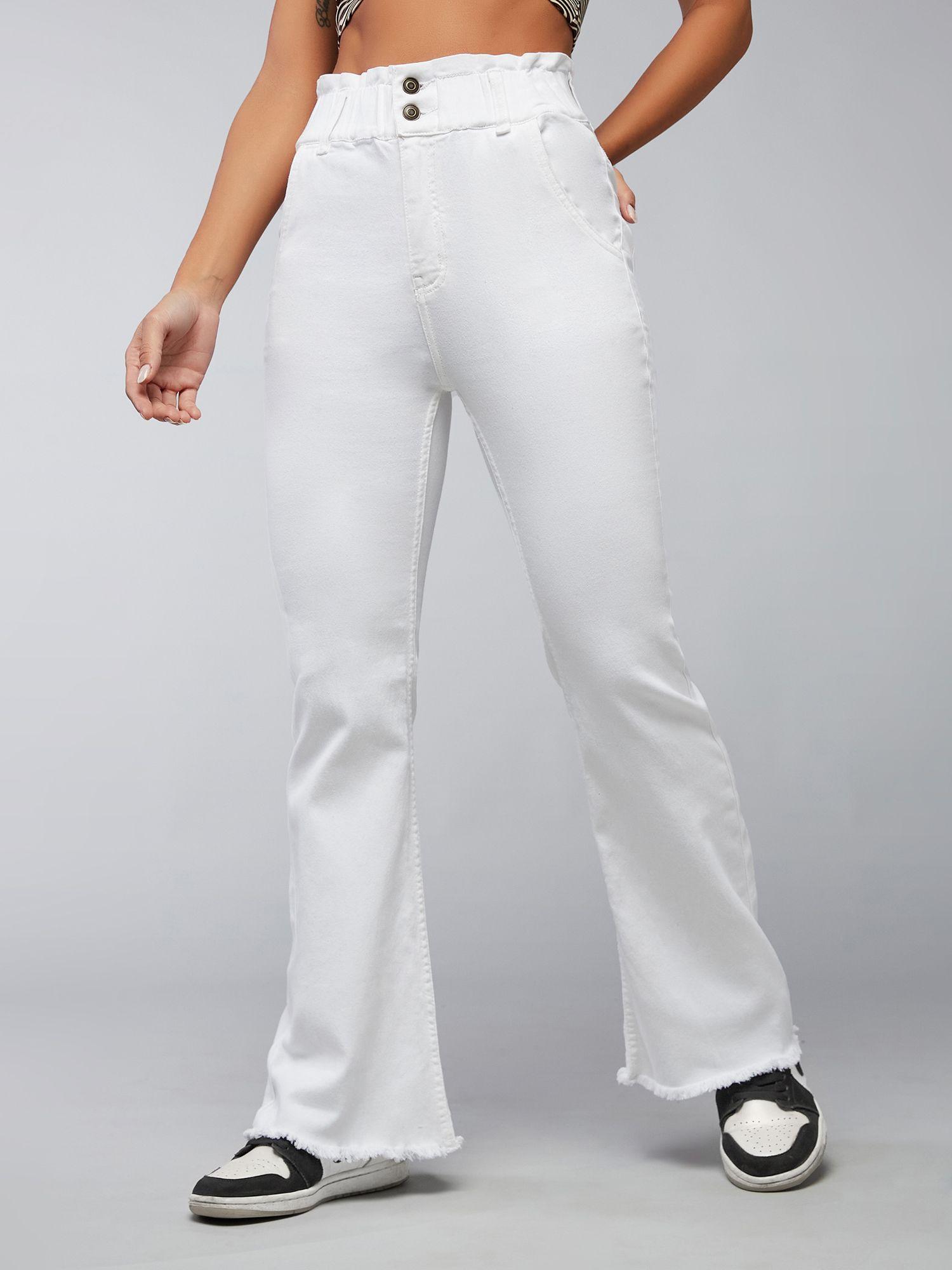 women's white flared high rise stretchable denim jeans