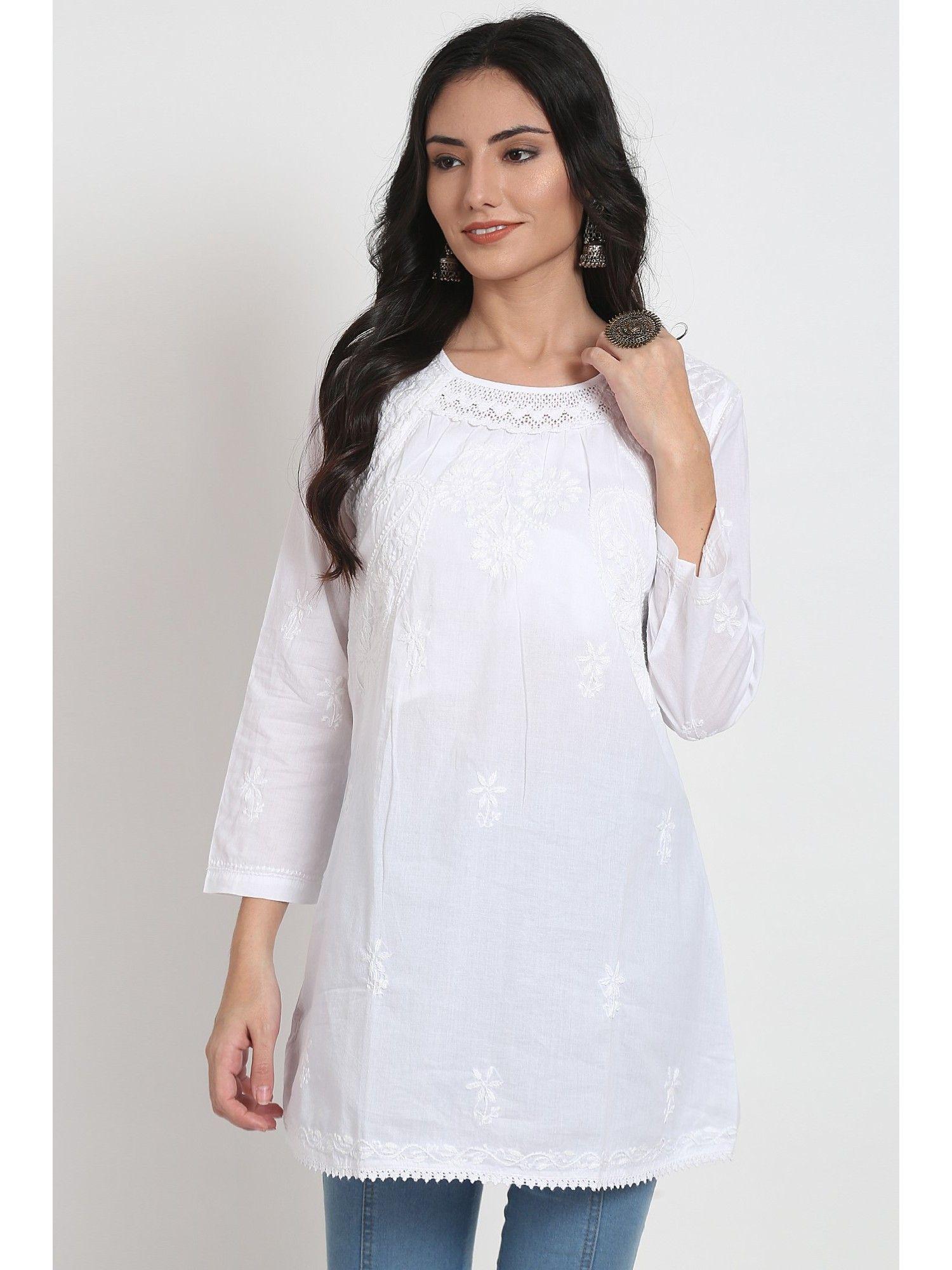 women's white floral embroidered chikankari cotton tunic