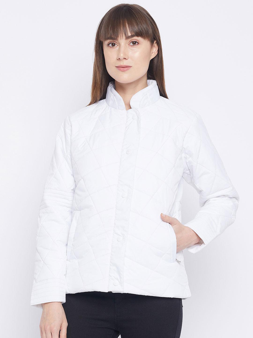 women's white full sleeve mock neck jacket