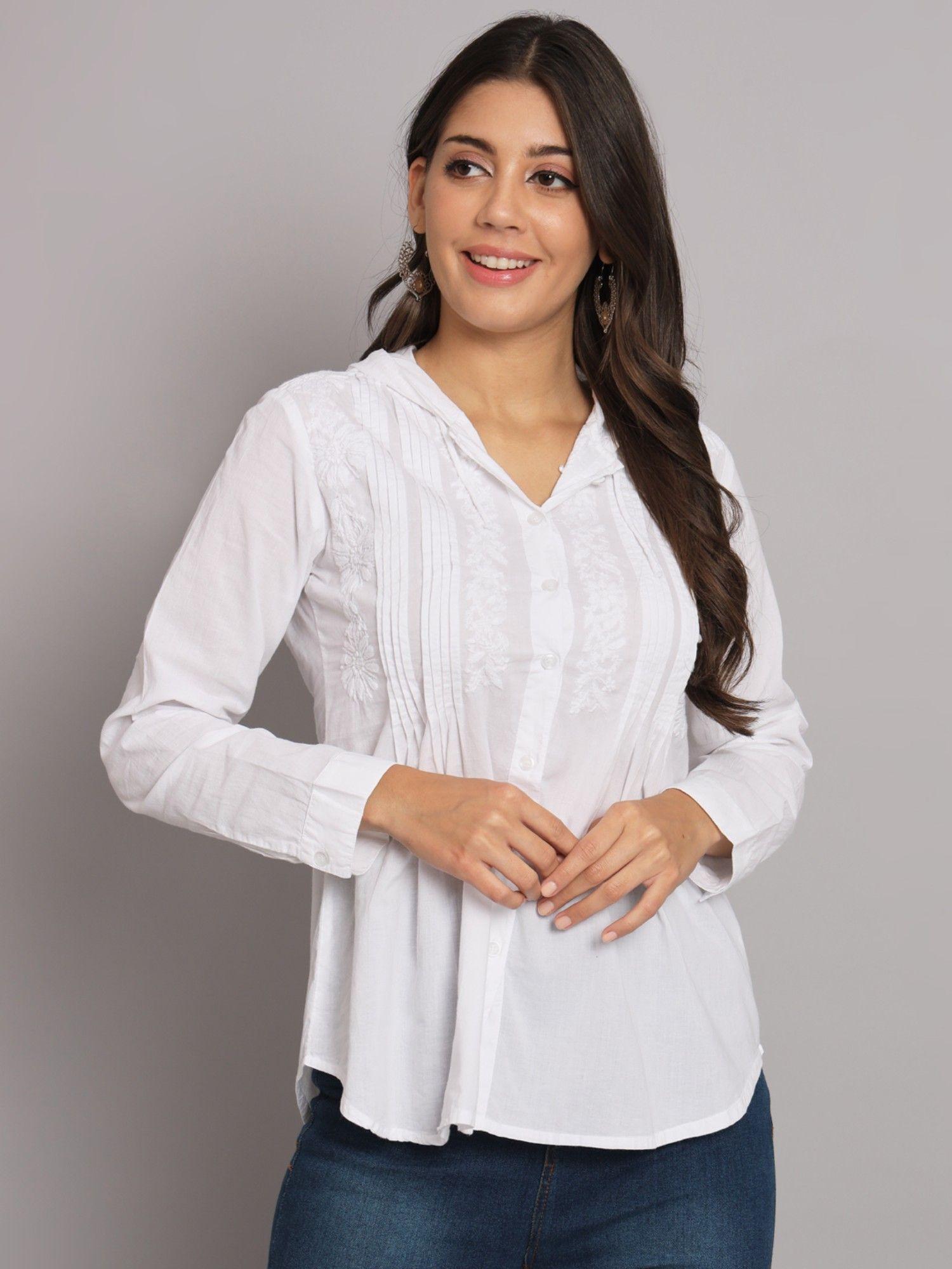 women's white hand embroidered chikankari cotton hooded casual shirt