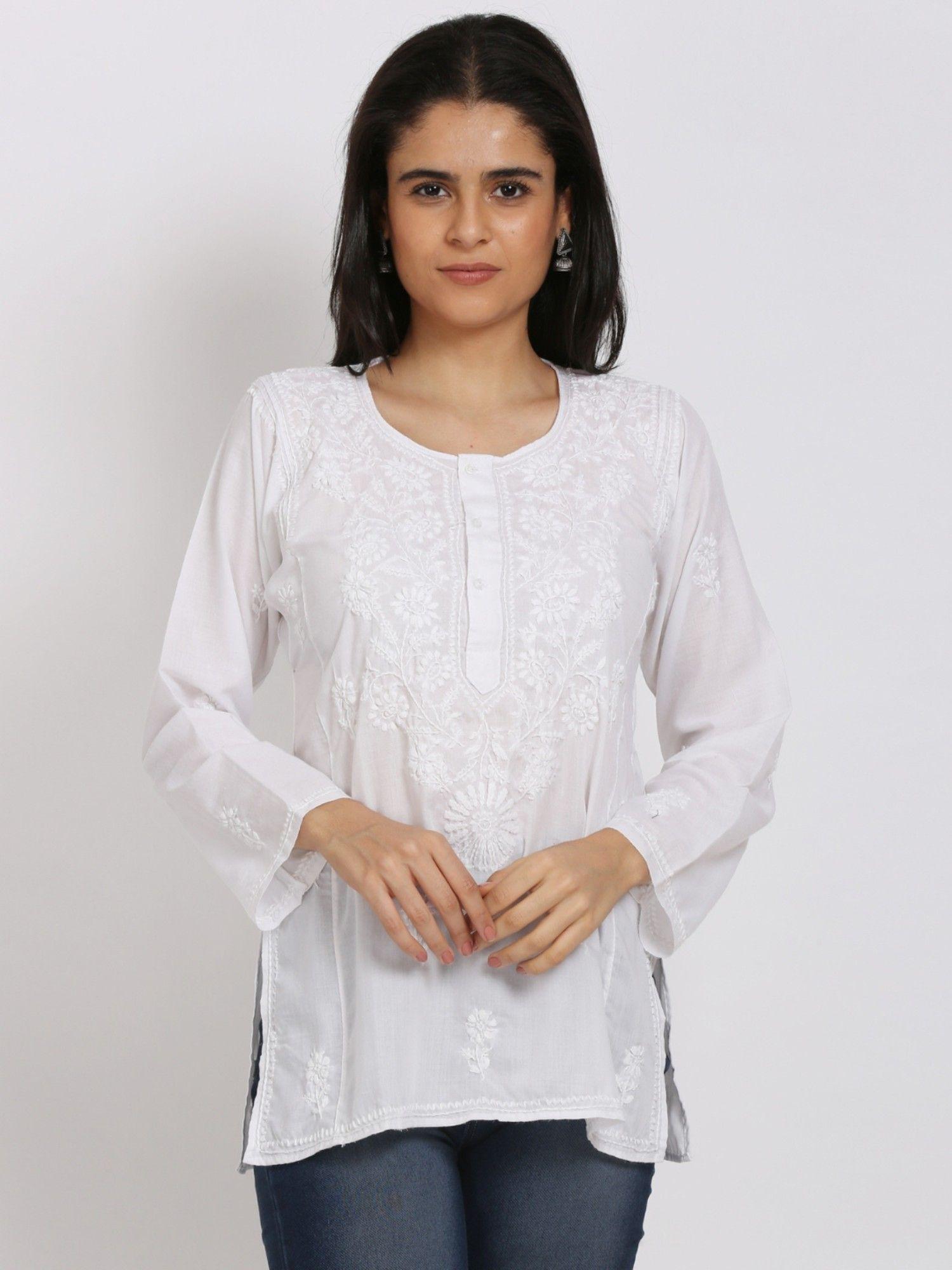 women's white hand embroidered chikankari cotton short tunic