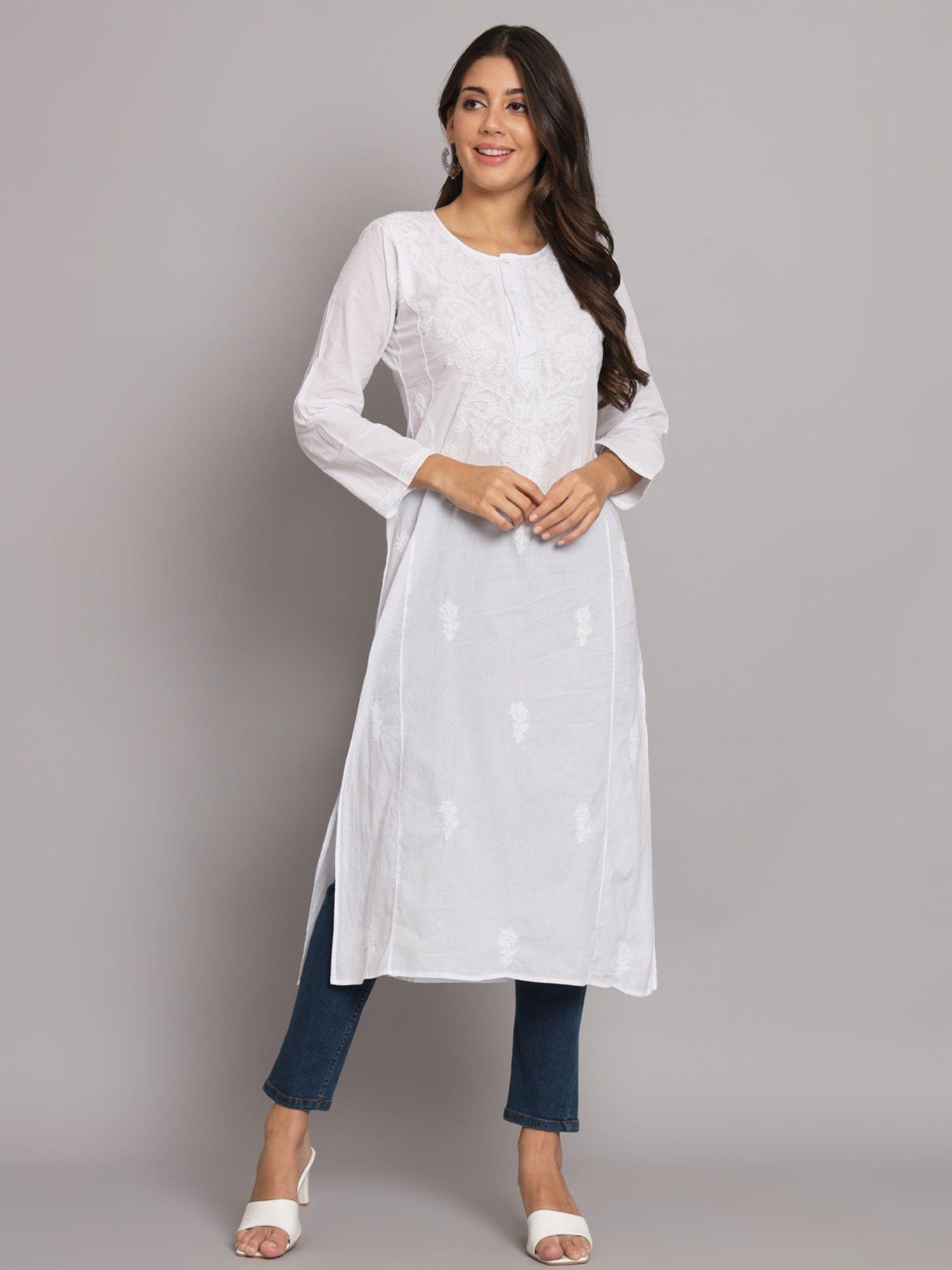 women's white hand embroidered chikankari cotton straight kurta