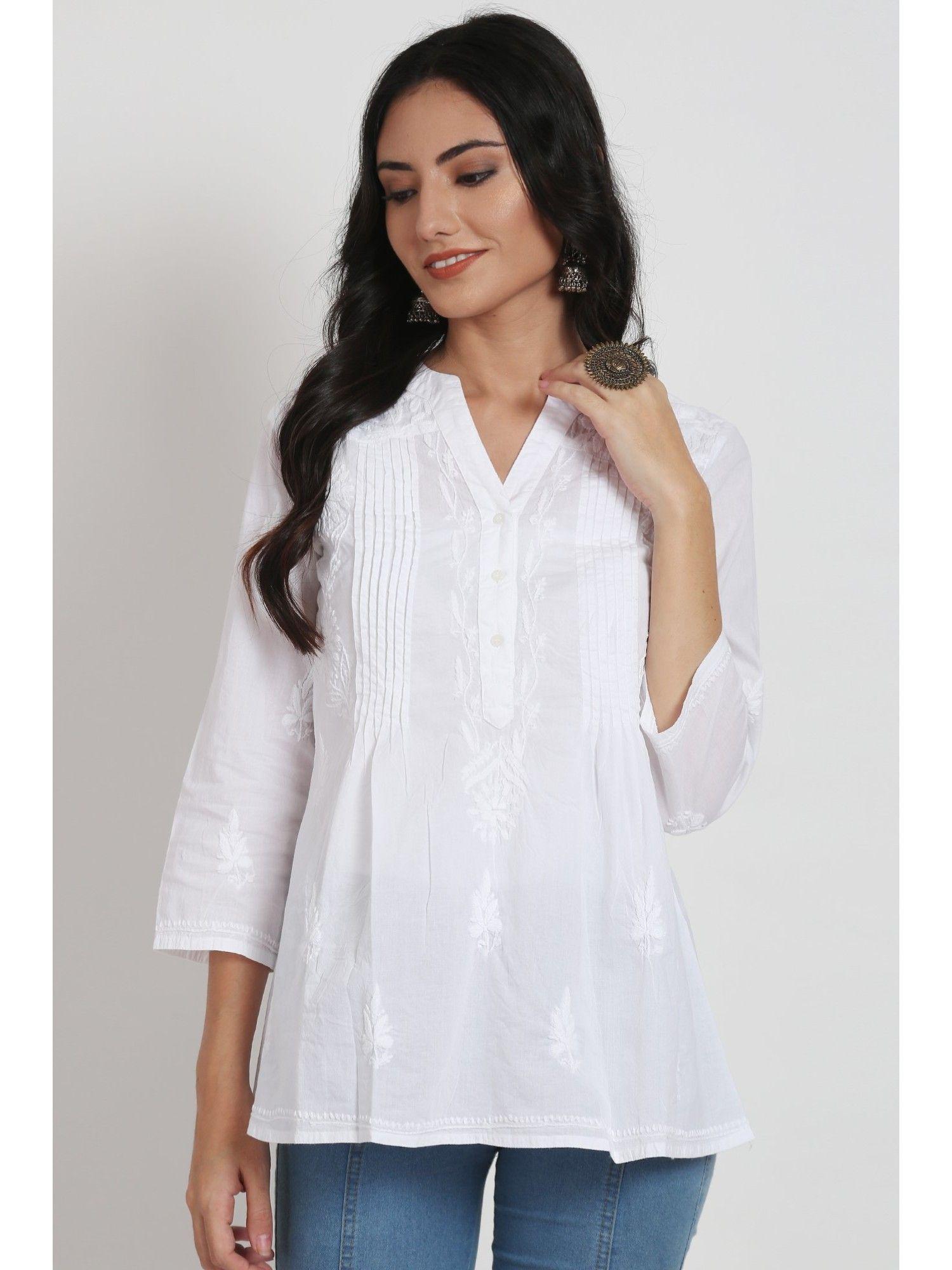 women's white hand embroidered chikankari cotton tunic