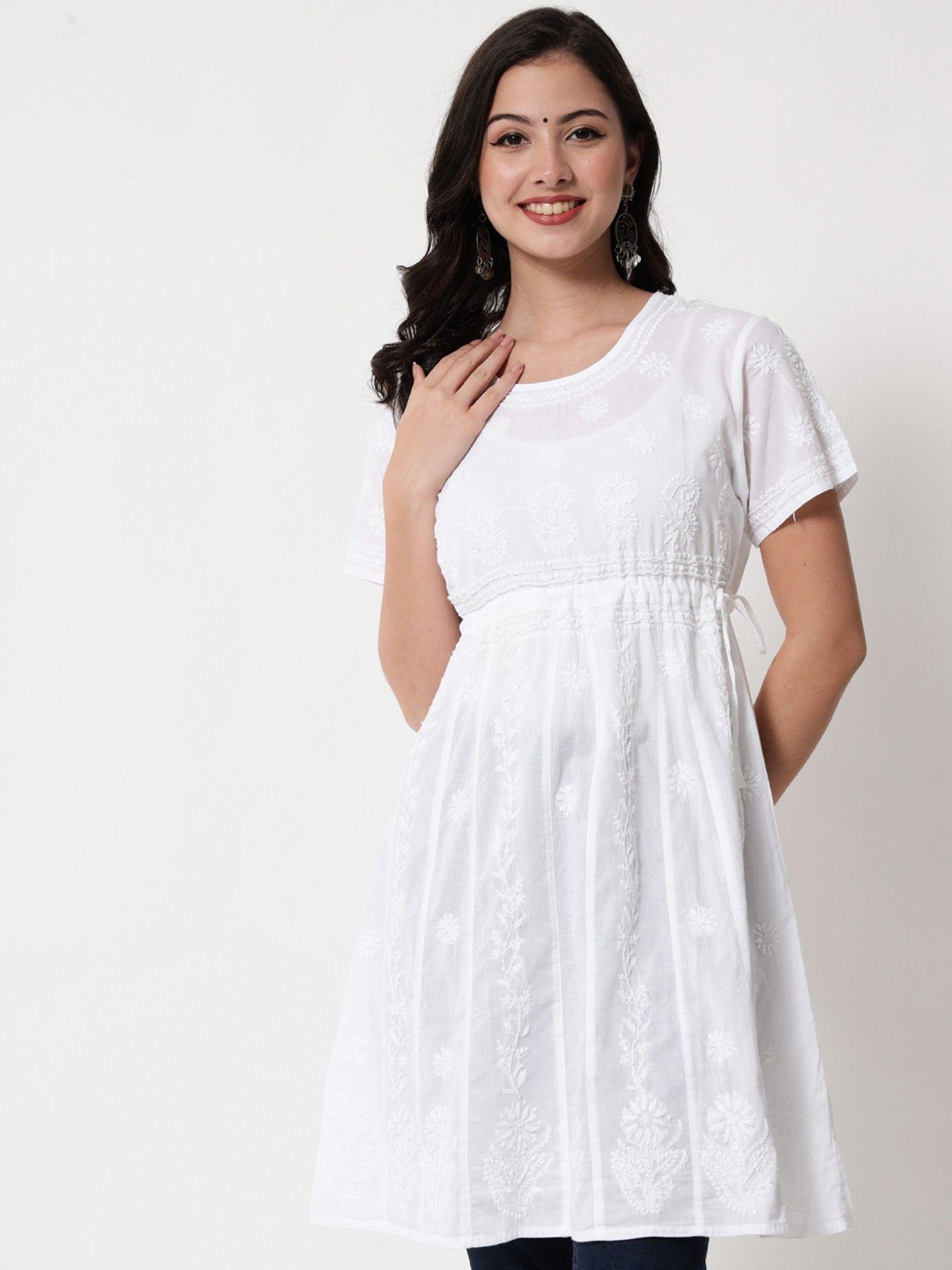 women's white hand embroidered chikankari cotton tunic