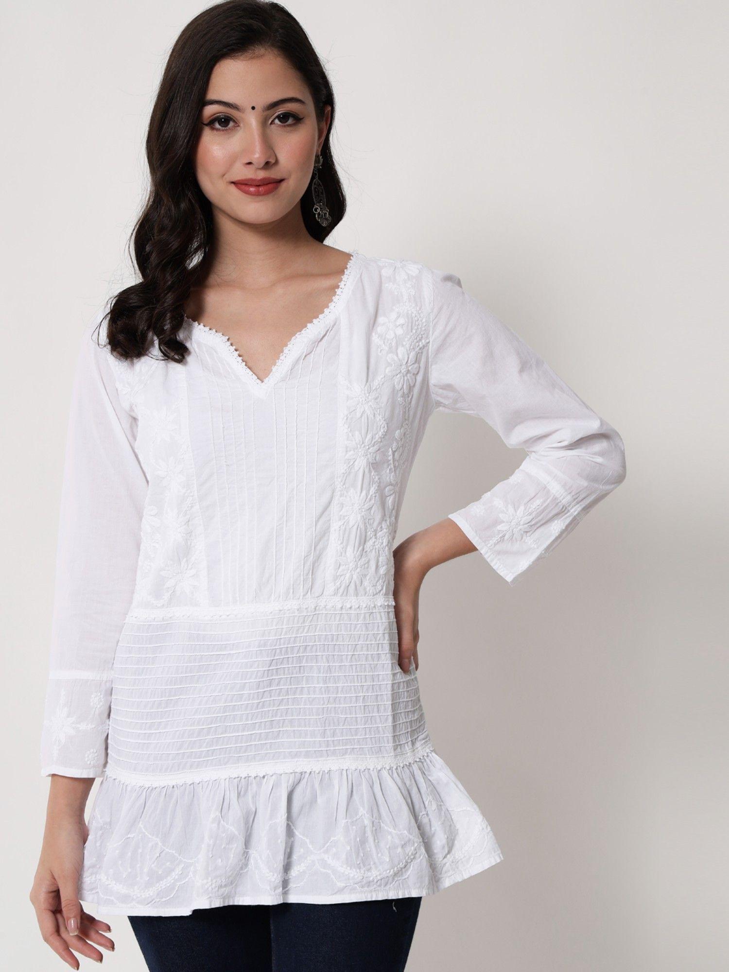 women's white hand embroidered chikankari cotton tunic