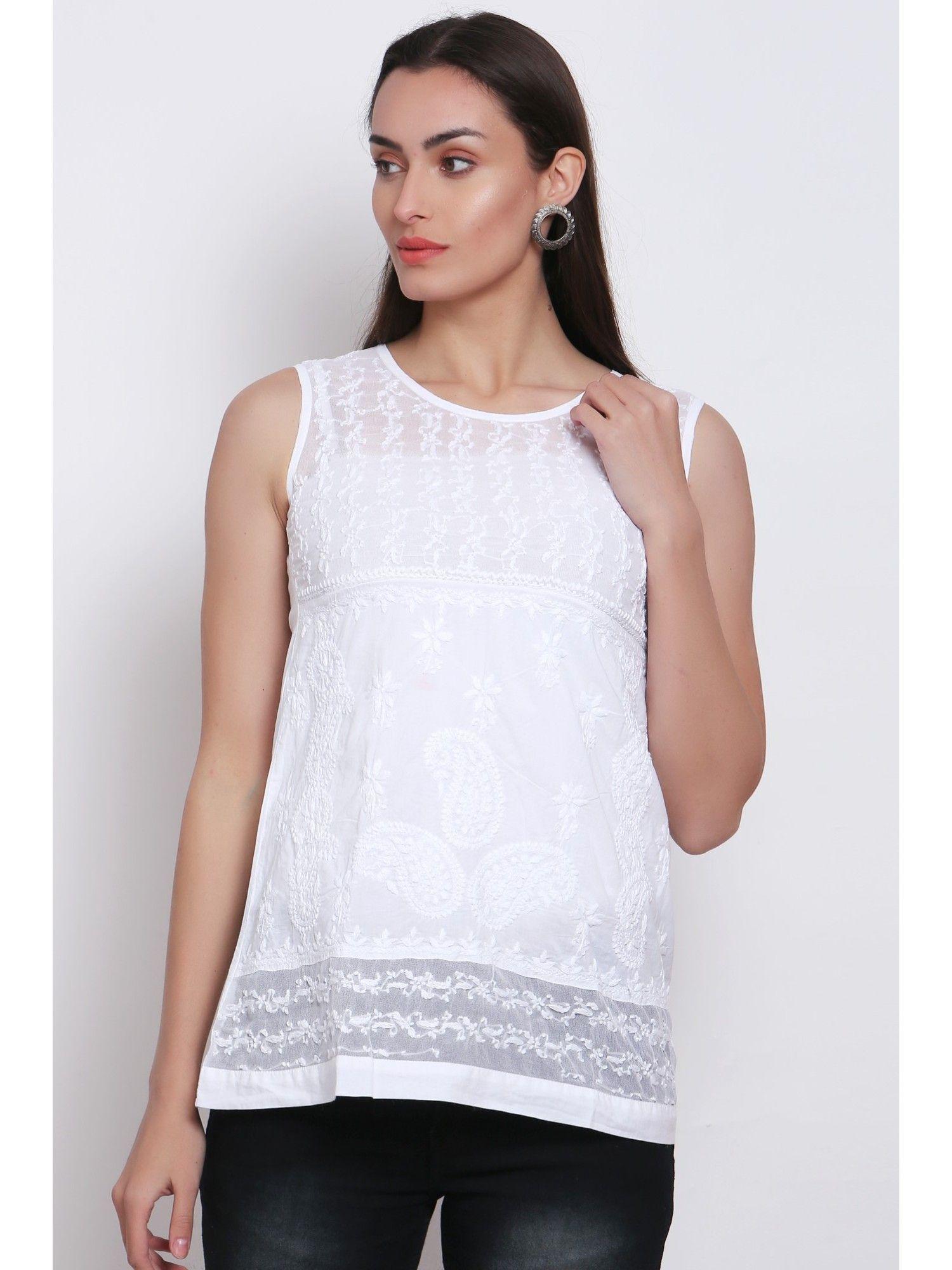 women's white hand embroidered chikankari cotton tunic