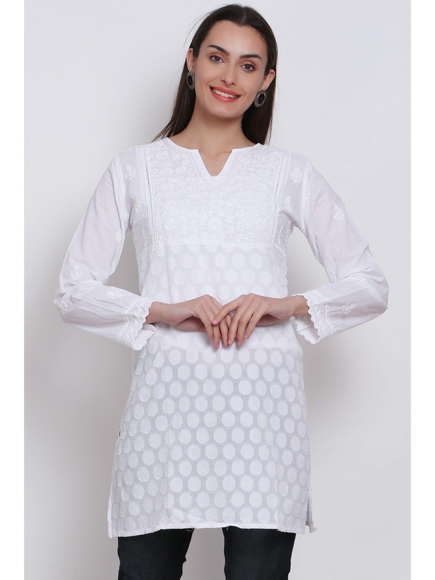 women's white hand embroidered cotton chikankari sustainable kurti