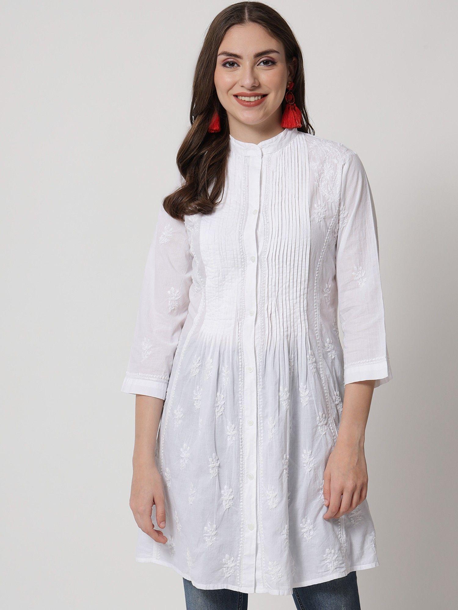 women's white hand embroidered cotton chikankari sustainable tunic