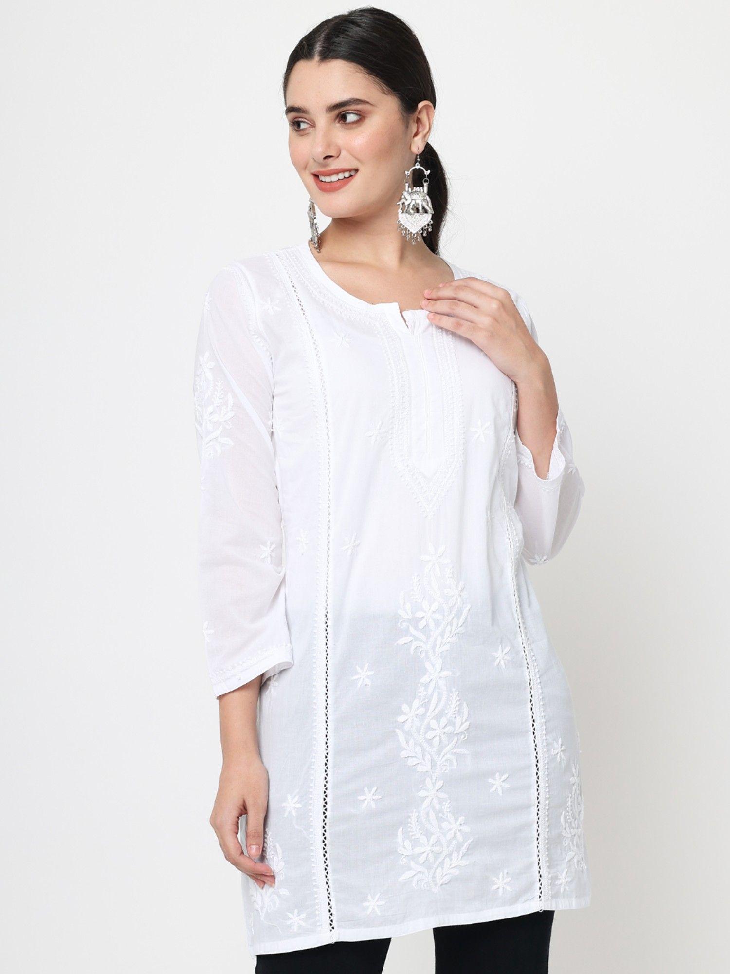 women's white hand embroidered floral chikankari cotton a-line kurti