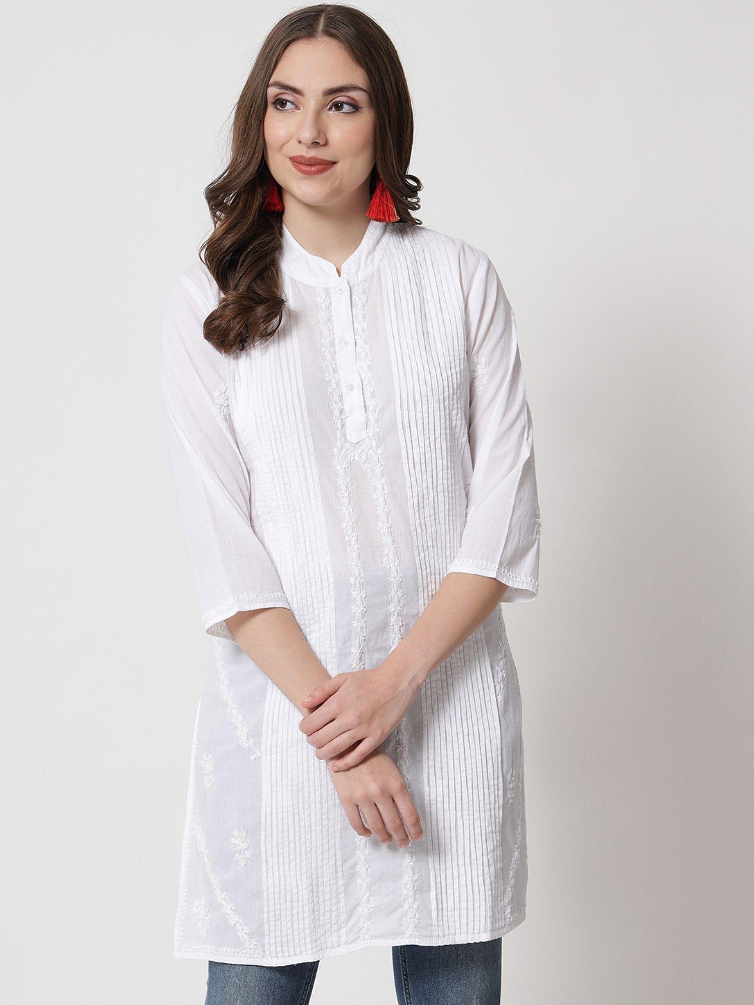 women's white hand embroidered lucknowi chikankari cotton kurti