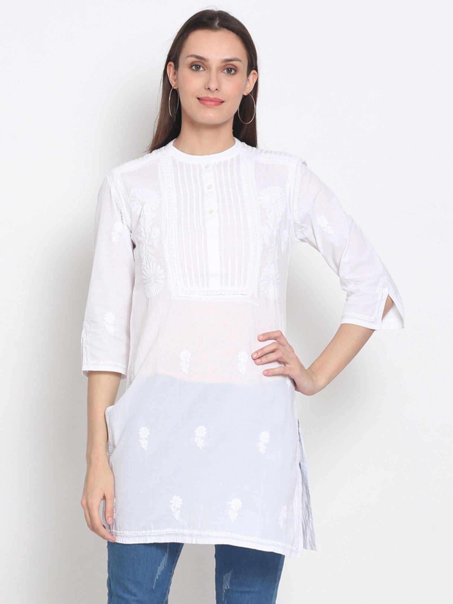 women's white hand embroidered lucknowi chikankari cotton kurti