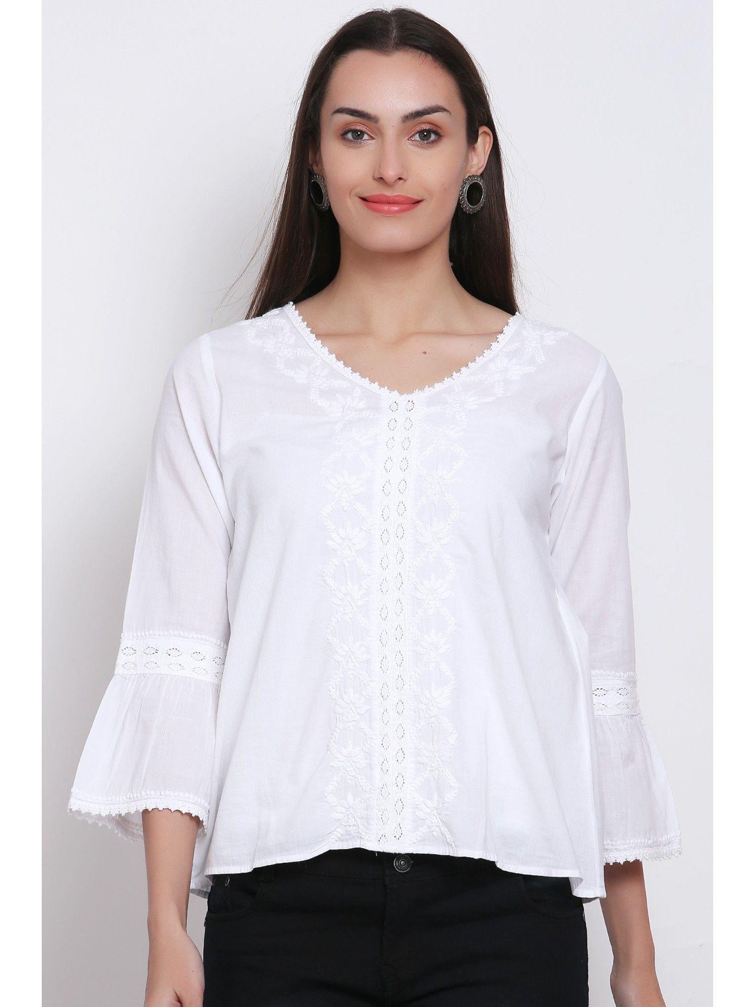 women's white hand embroidered lucknowi chikankari cotton top