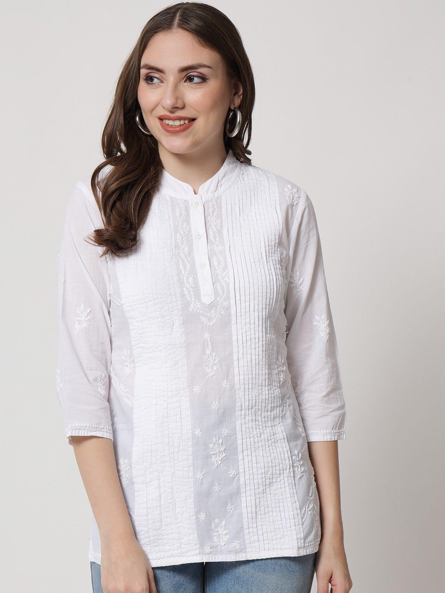 women's white hand embroidered lucknowi chikankari cotton tunic