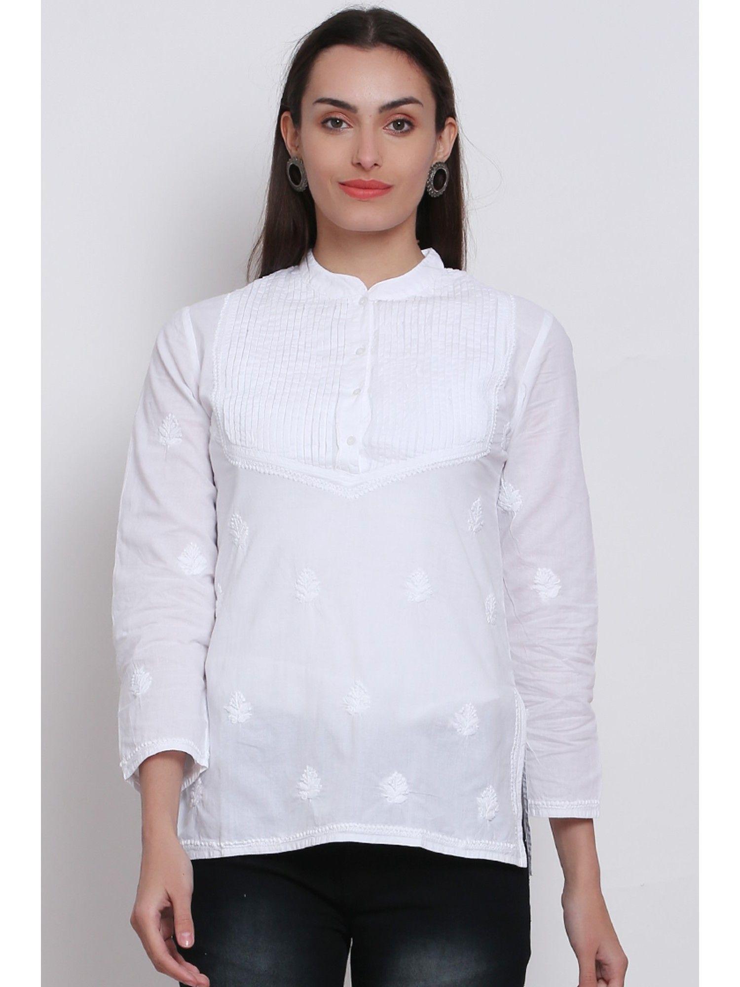 women's white hand embroidered lucknowi chikankari cotton tunic