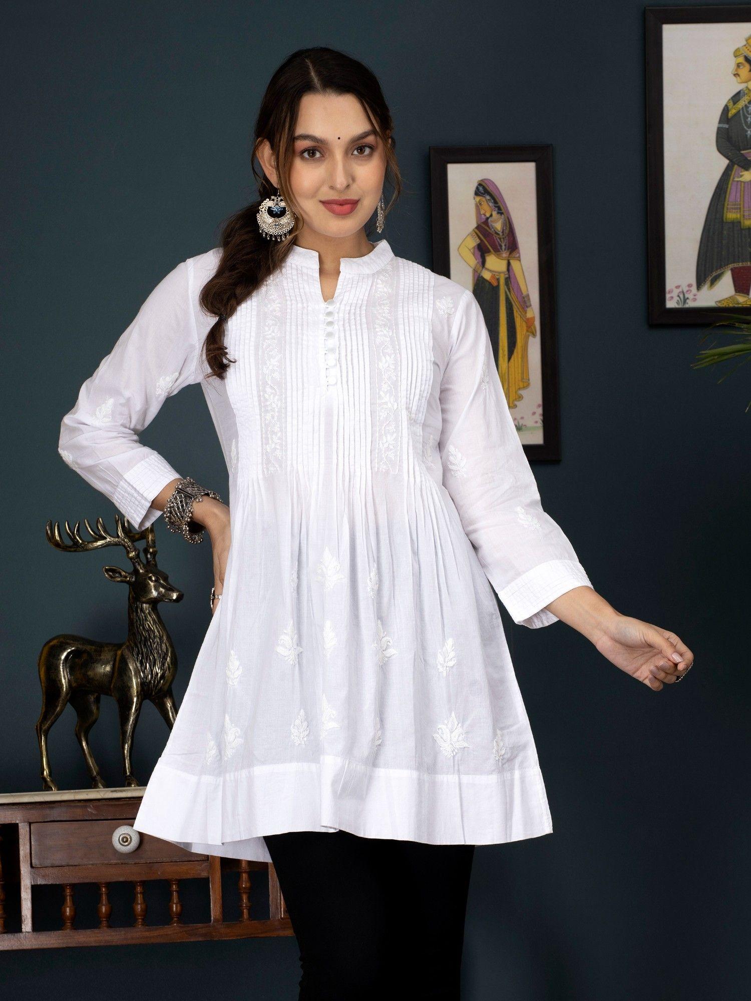 women's white hand embroidered lucknowi chikankari cotton tunic