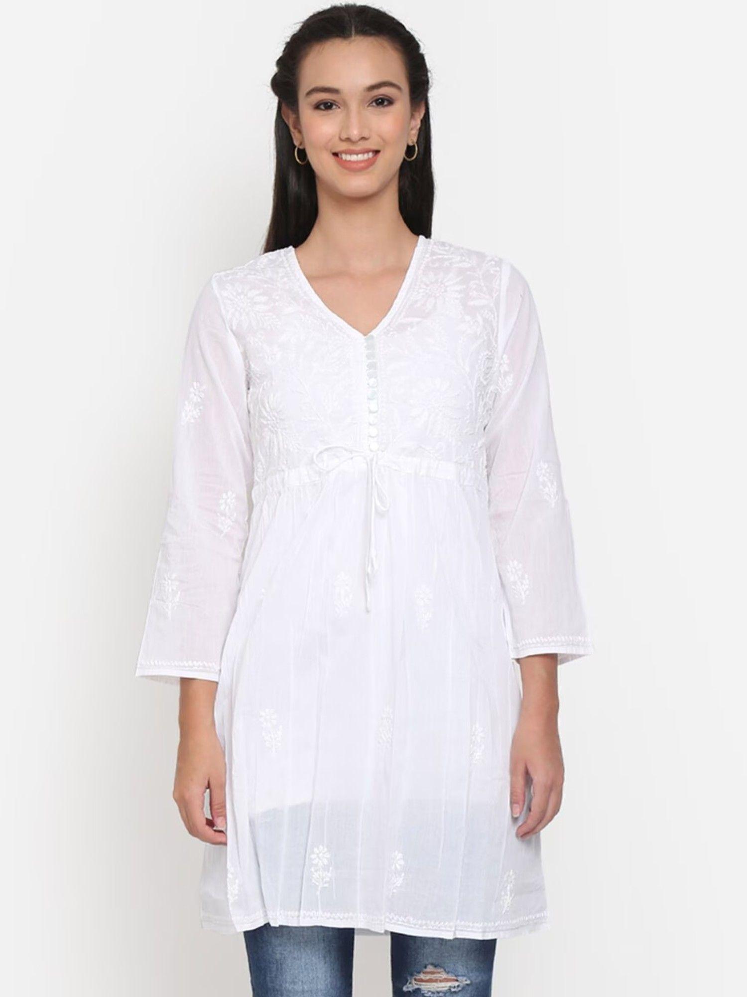 women's white hand embroidered lucknowi chikankari cotton tunic