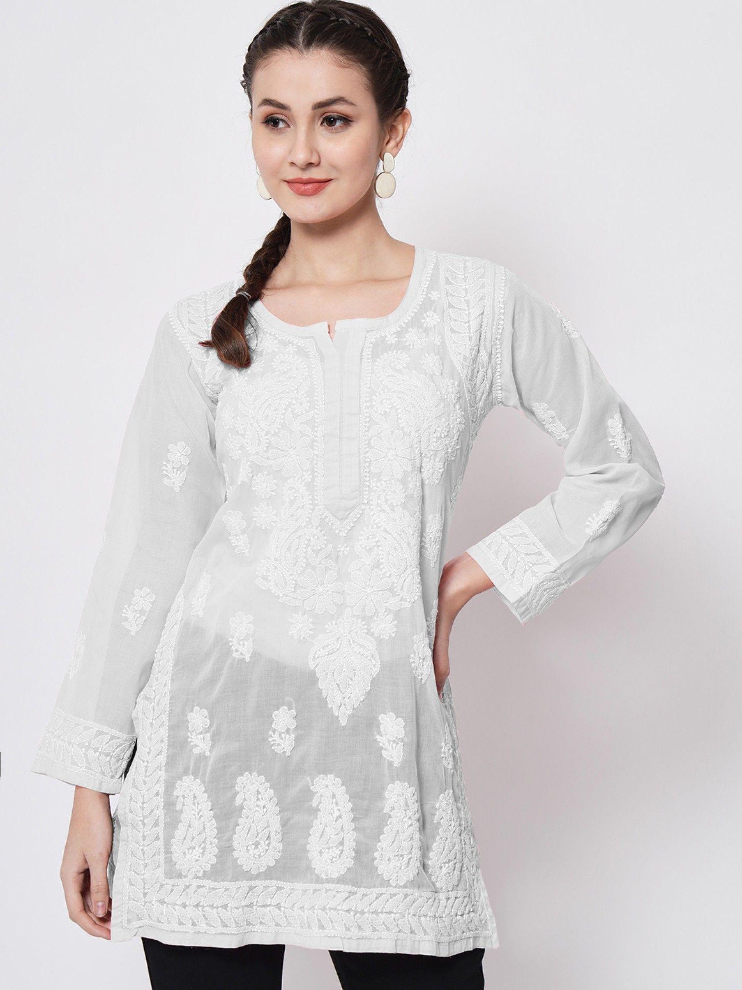 women's white hand embroidered lucknowi chikankari cotton tunic