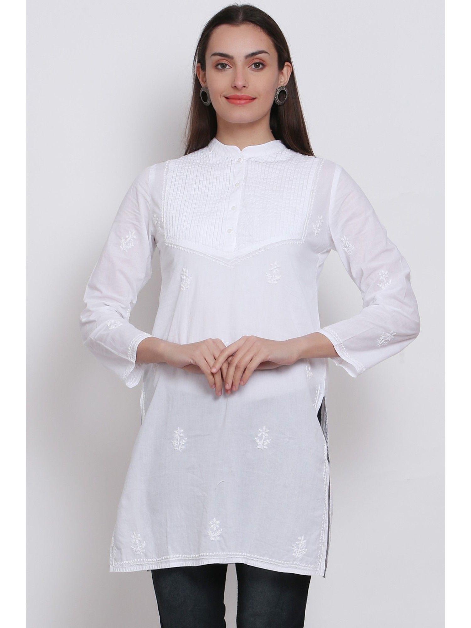 women's white hand embroidered lucknowi chikankari kurti