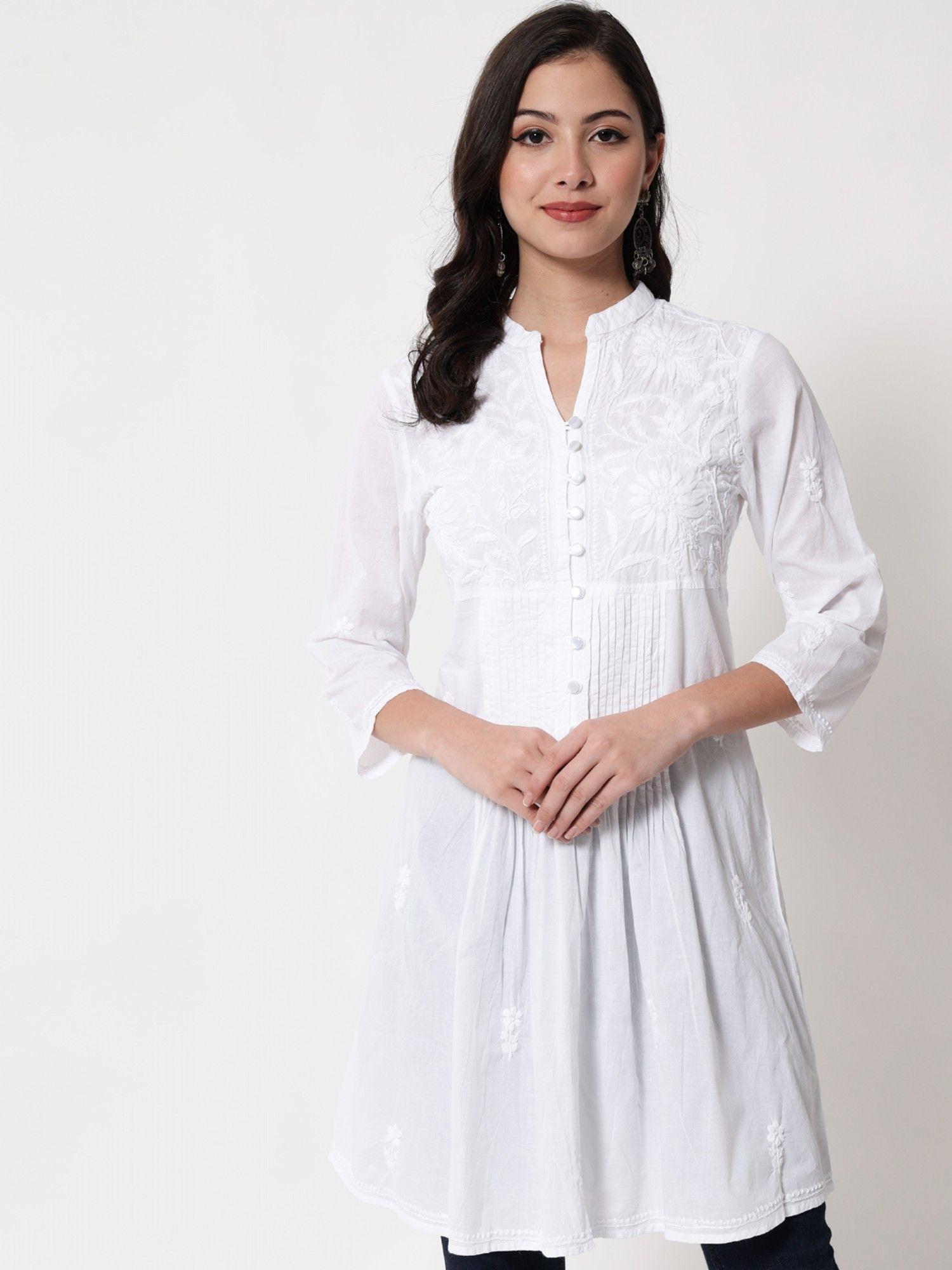 women's white hand embroidered lucknowi chikankari tunic