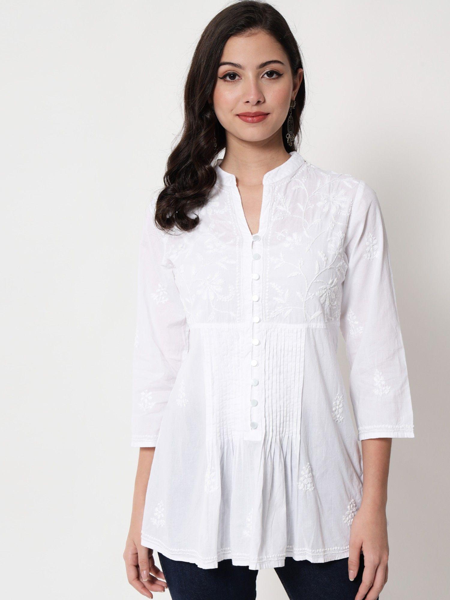 women's white hand embroidered lucknowi chikankari tunic