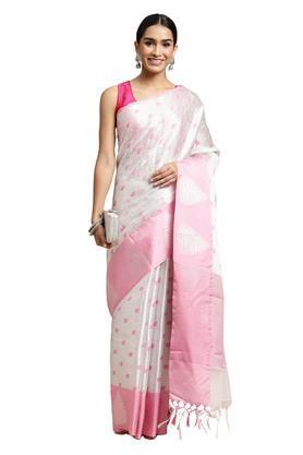 women's white kanjivaram silver zari silk blend saree with blouse piece - white