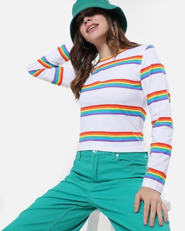 women's white multicolor stripe slim fit snug blouse