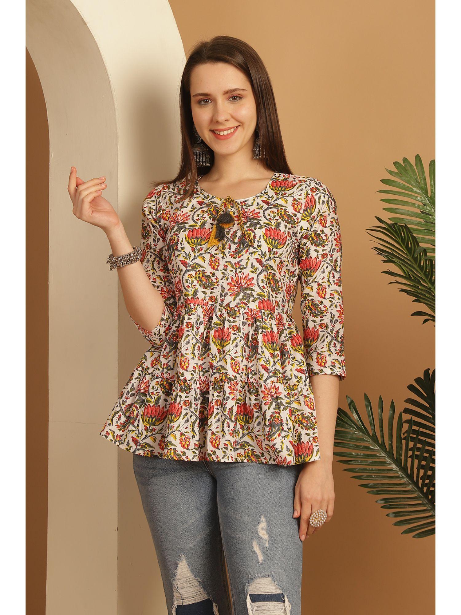 women's white pure cotton floral printed short tunic