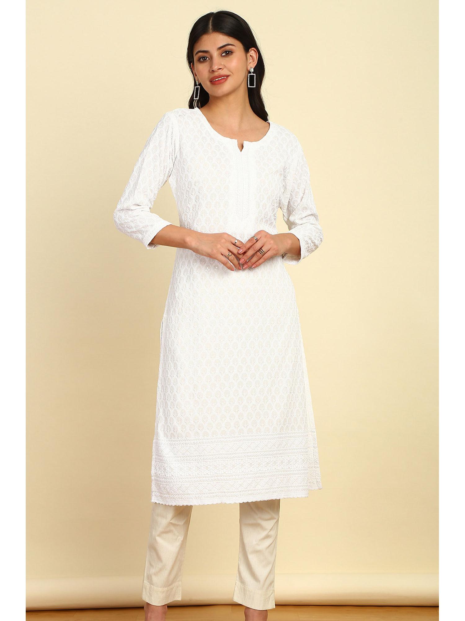 women's white rayon embroidered kurta with sequins work