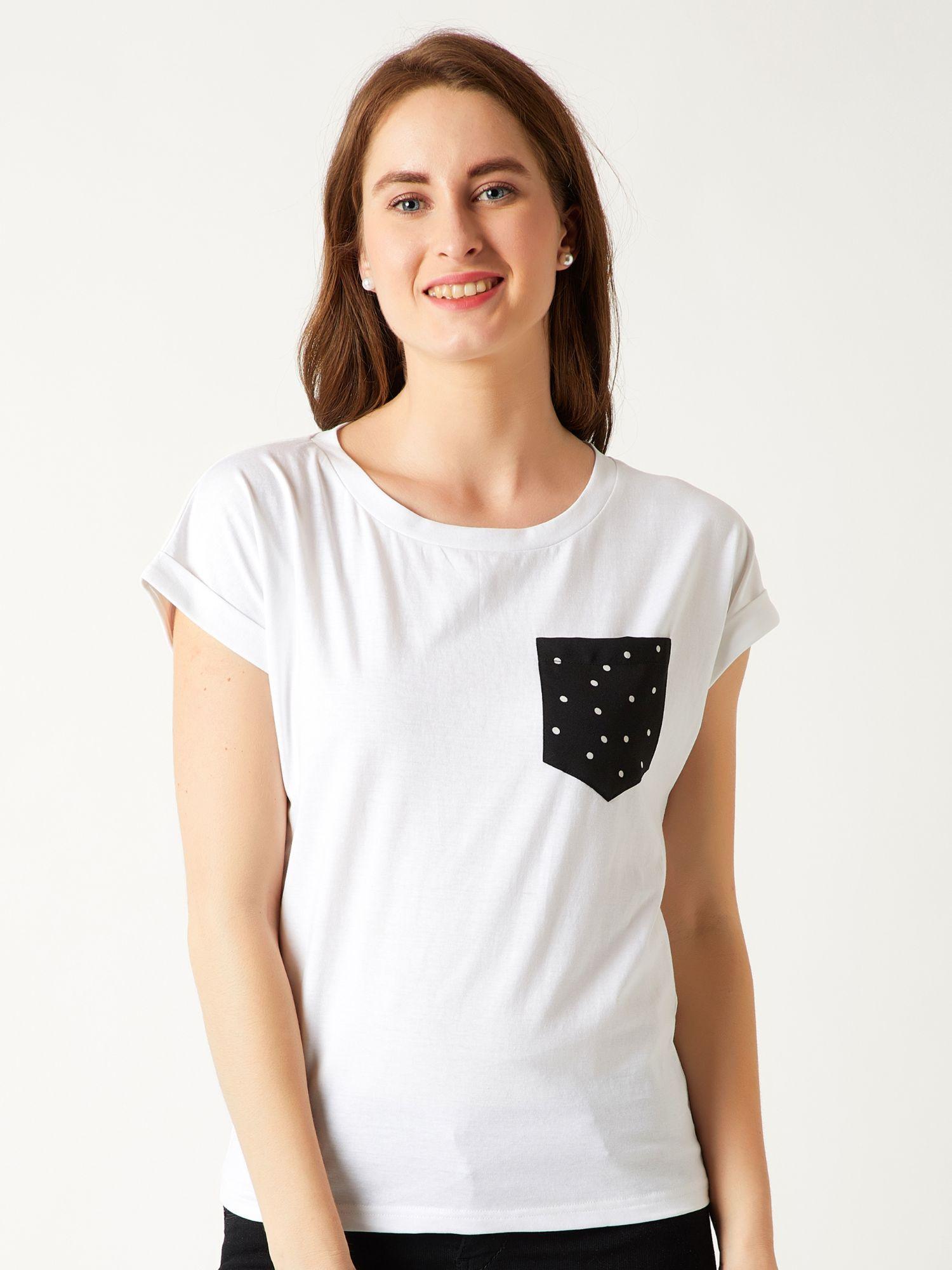 women's white round neck short sleeve cotton solid polka dot patch pocket t-shirt