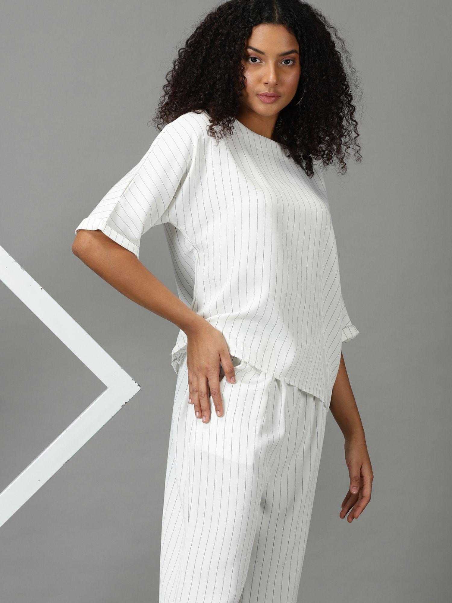 women's white round neck striped co-ord (set of 2)